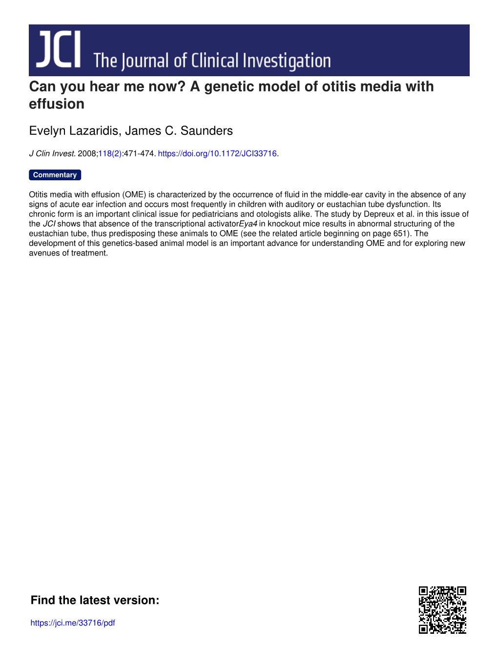 Can You Hear Me Now? a Genetic Model of Otitis Media with Effusion