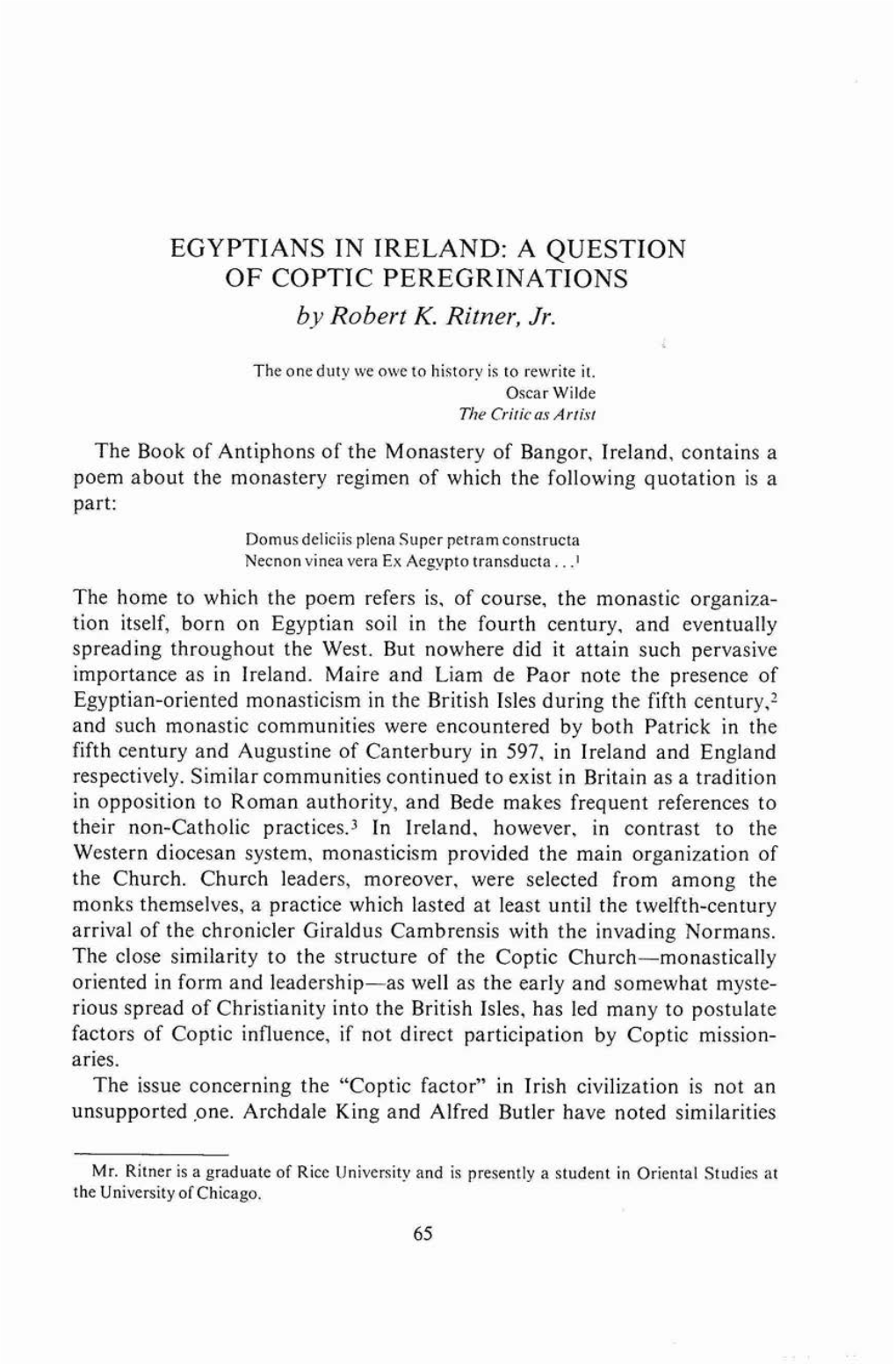 EGYPTIANS in IRELAND: a QUESTION of COPTIC PEREGRINATIONS by Robert K