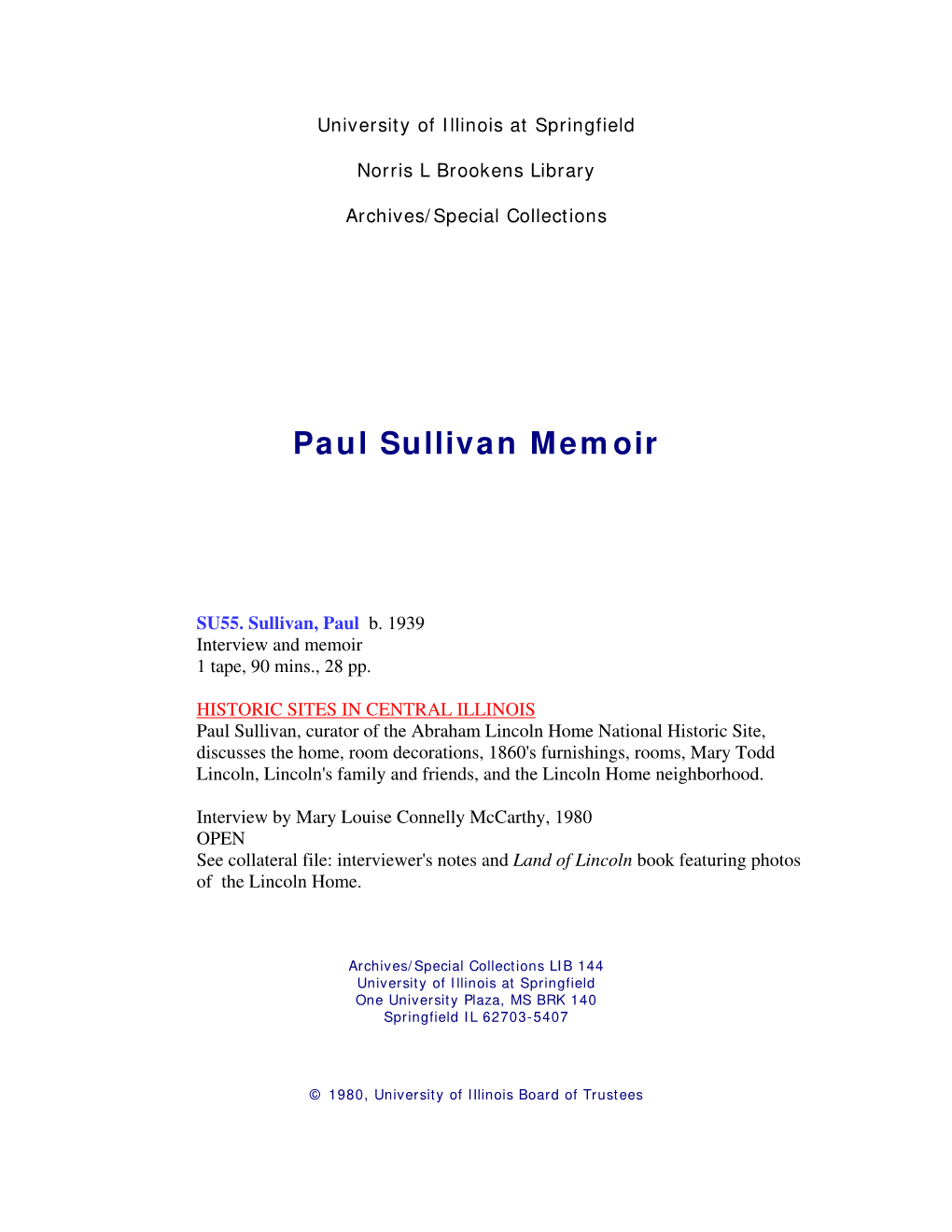 Paul Sullivan Memoir