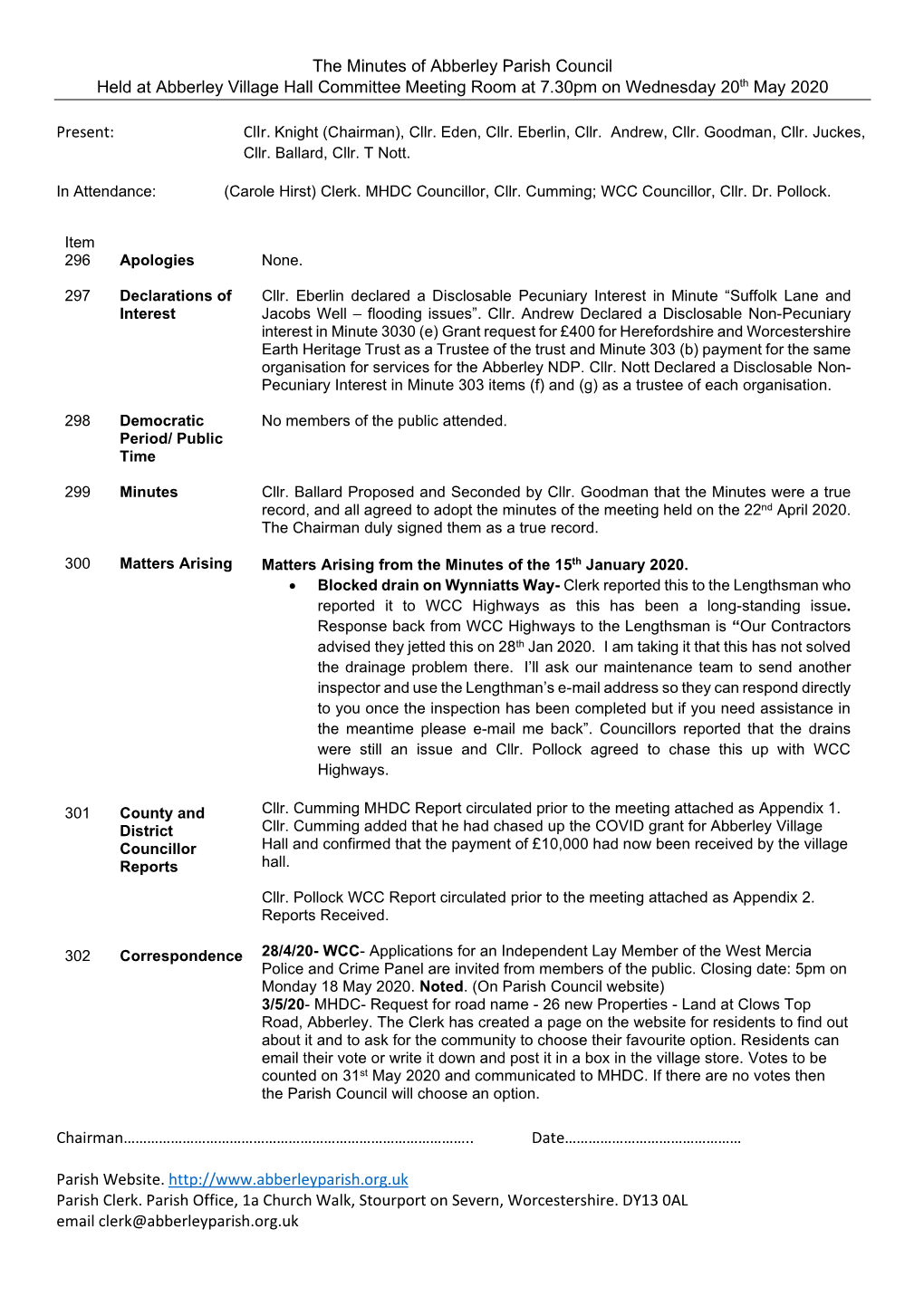 The Minutes of Abberley Parish Council Held at Abberley Village Hall Committee Meeting Room at 7.30Pm on Wednesday 20Th May 2020