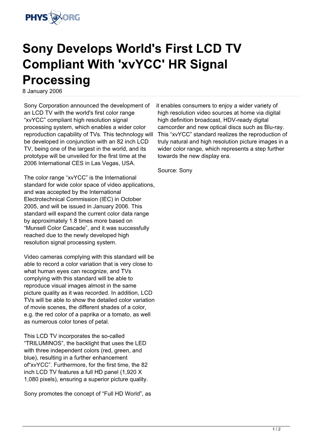 'Xvycc' HR Signal Processing 8 January 2006