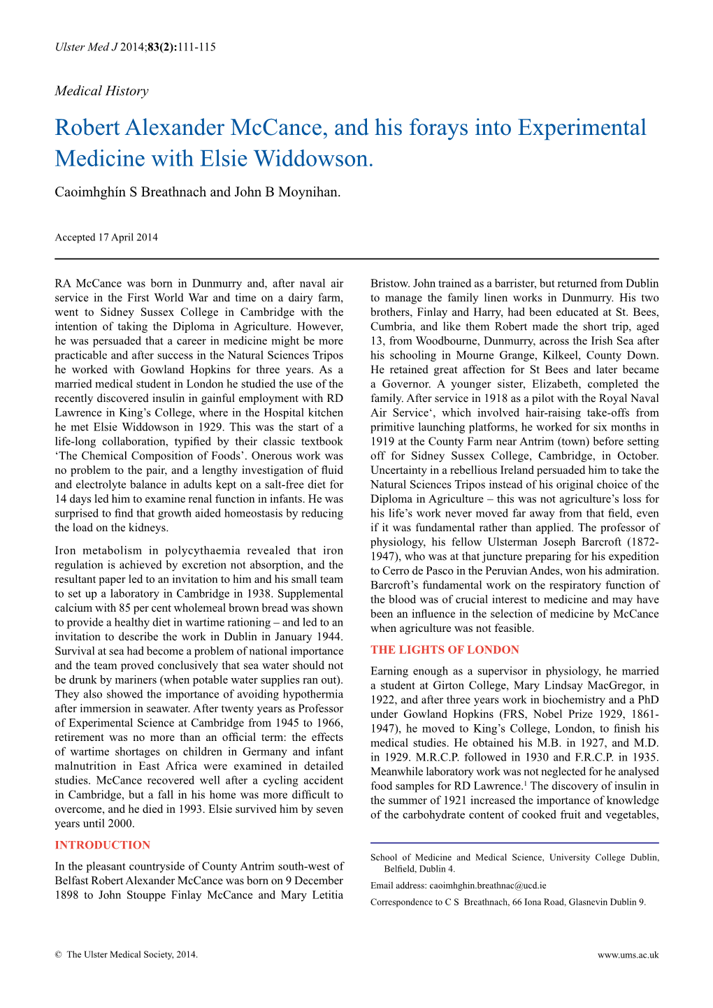 Robert Alexander Mccance, and His Forays Into Experimental Medicine with Elsie Widdowson