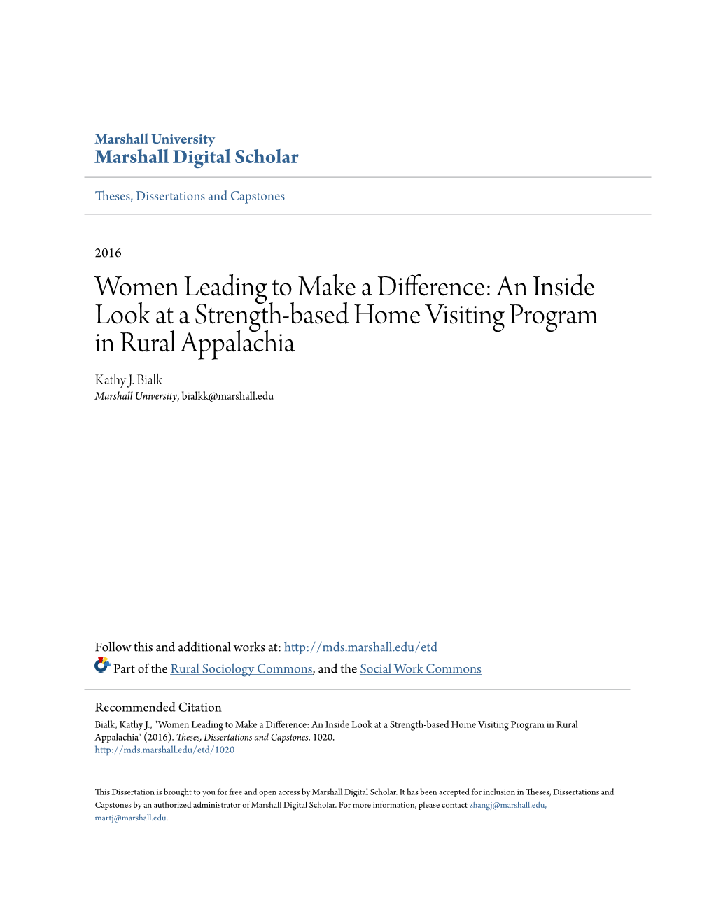 Women Leading to Make a Difference: an Inside Look at a Strength-Based Home Visiting Program in Rural Appalachia Kathy J