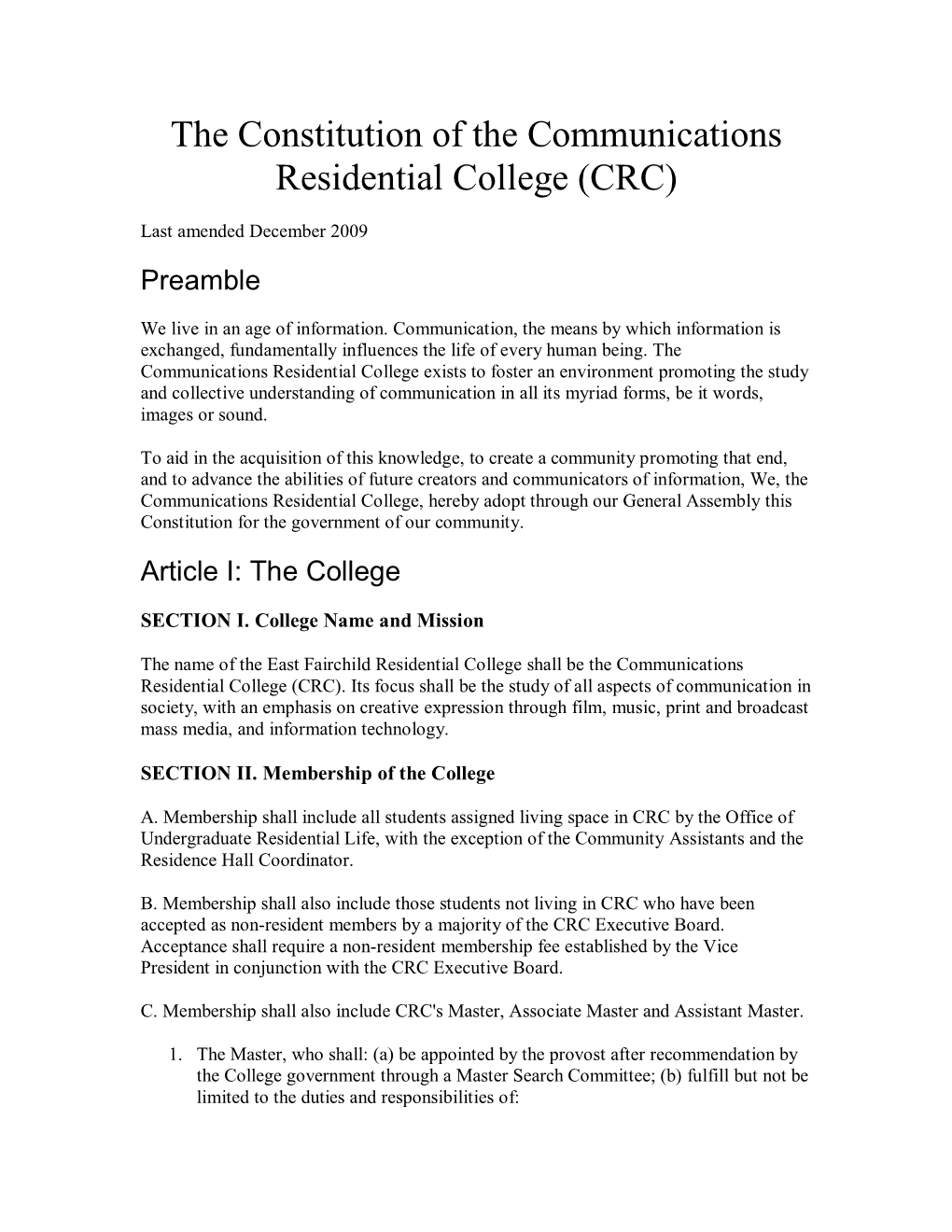 The Constitution of the Communications Residential College (CRC)