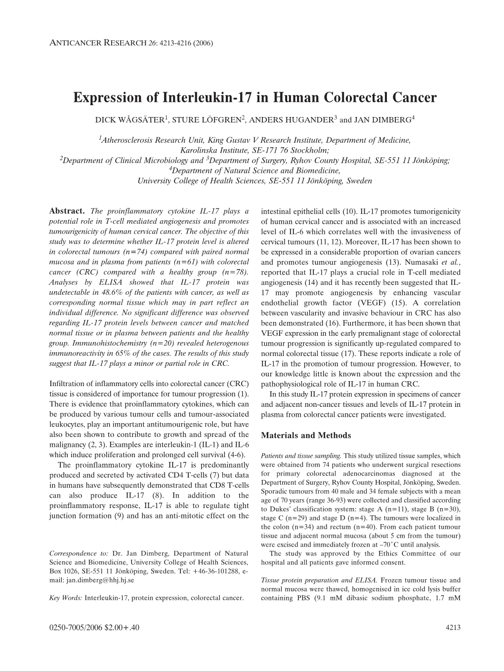 Expression of Interleukin-17 in Human Colorectal Cancer