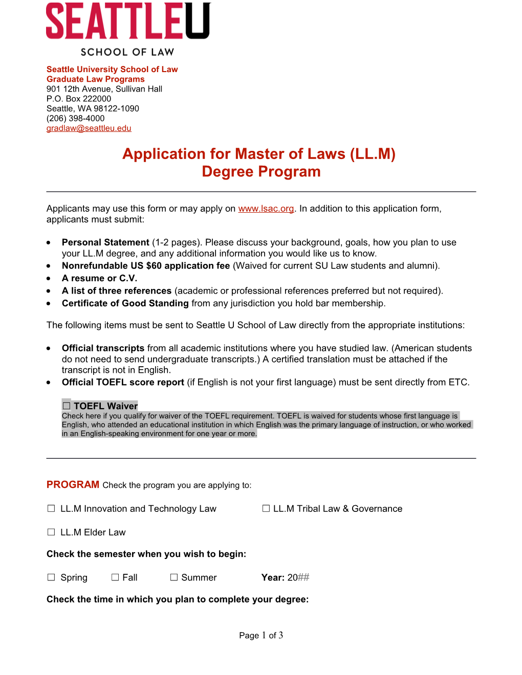 Application for Master of Laws (LL.M) Degree Program