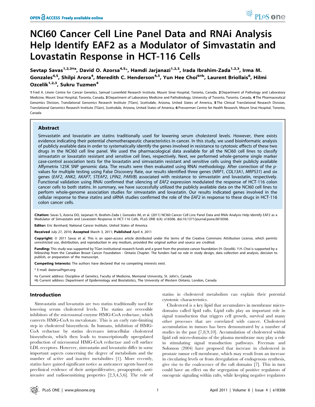 NCI60 Cancer Cell Line Panel Data and Rnai Analysis Help Identify EAF2 As a Modulator of Simvastatin and Lovastatin Response in HCT-116 Cells