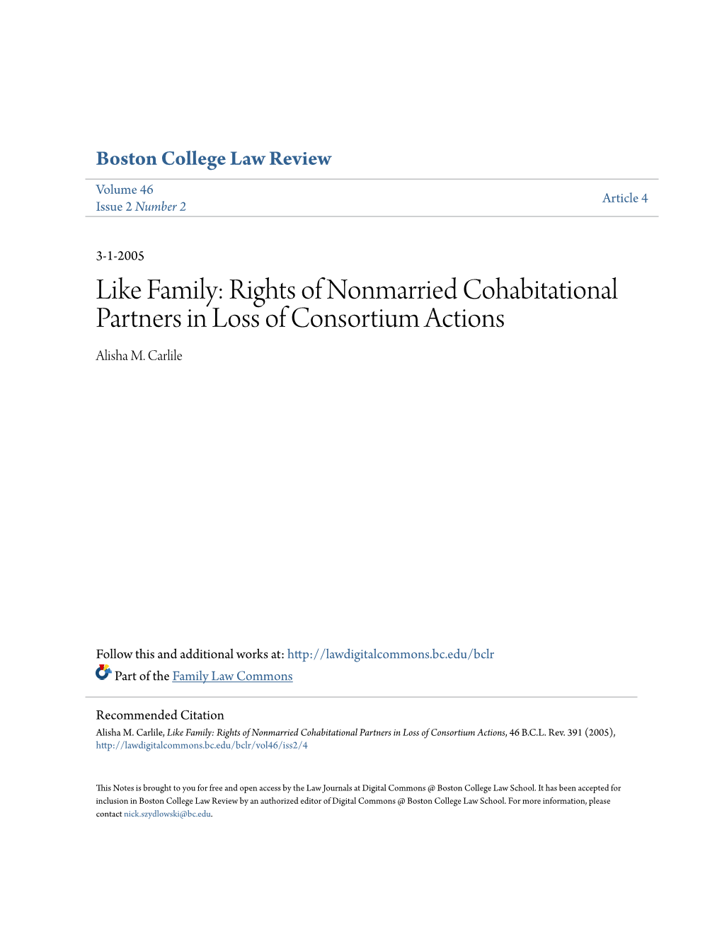 Rights of Nonmarried Cohabitational Partners in Loss of Consortium Actions Alisha M