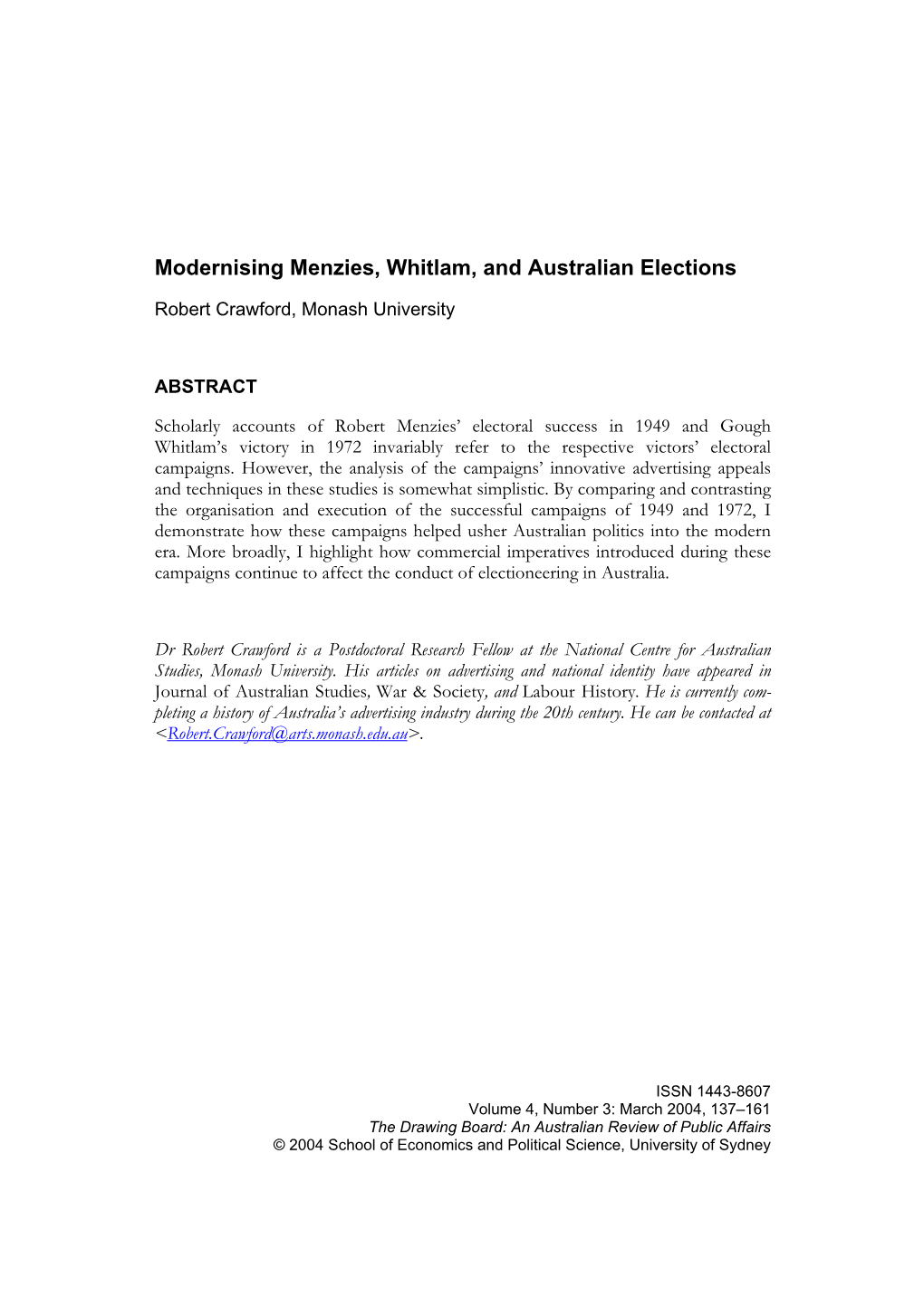 Modernising Menzies, Whitlam, and Australian Elections