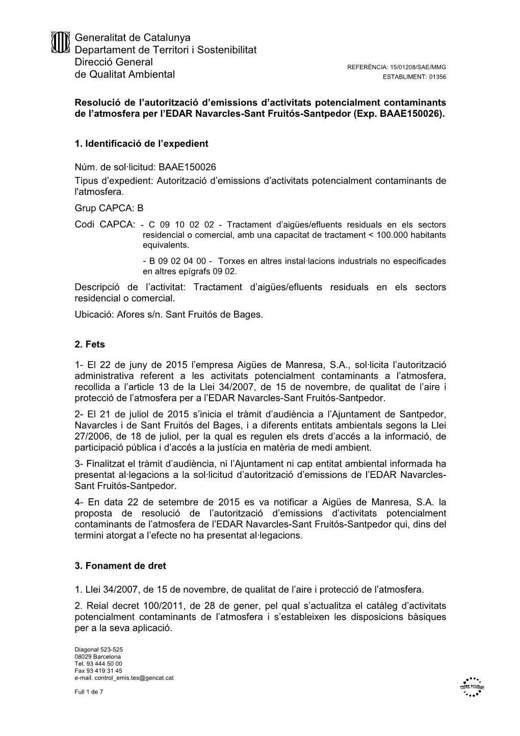 Resolució Autorització D'emissions EDAR Navarcles-Sant Fruitós-Sant