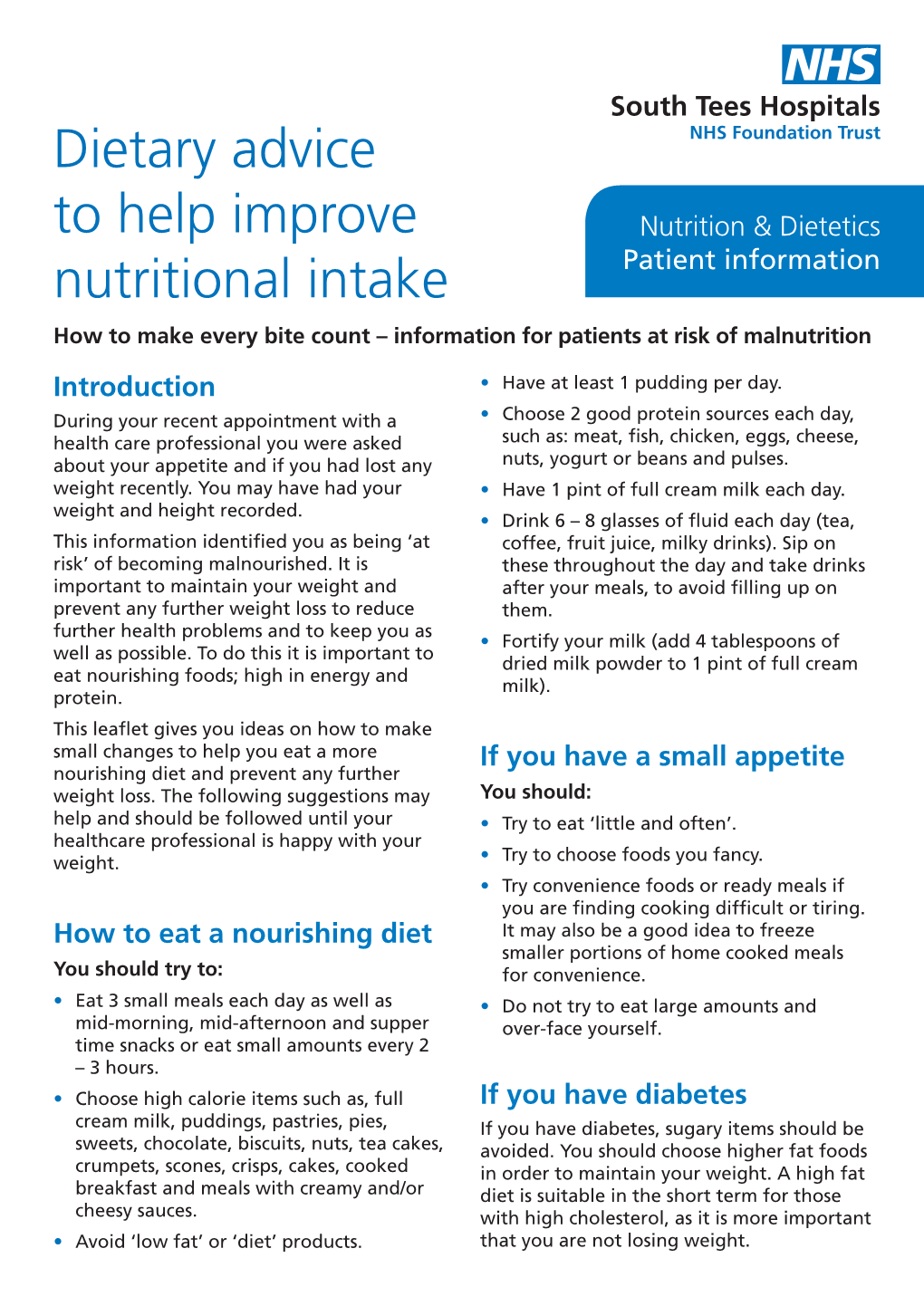 Dietary Advice to Help Improve Nutritional Intake