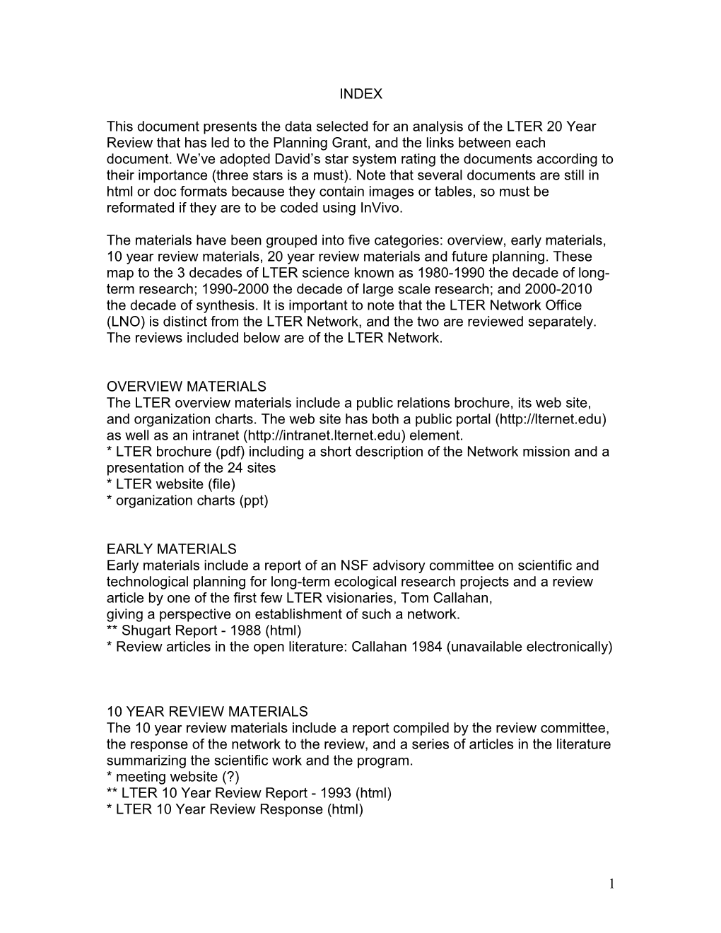 This Document Presents the Data Selected for an Analysis of the LTER 20 Year Review That