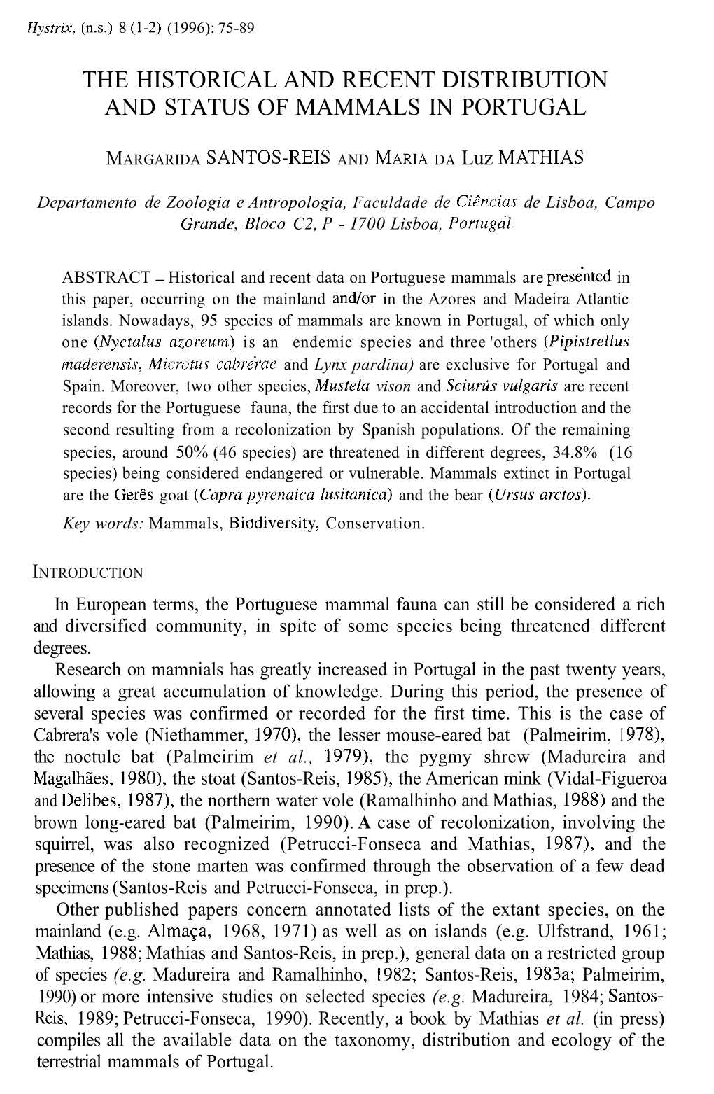 The Historical and Recent Distribution and Status of Mammals in Portugal