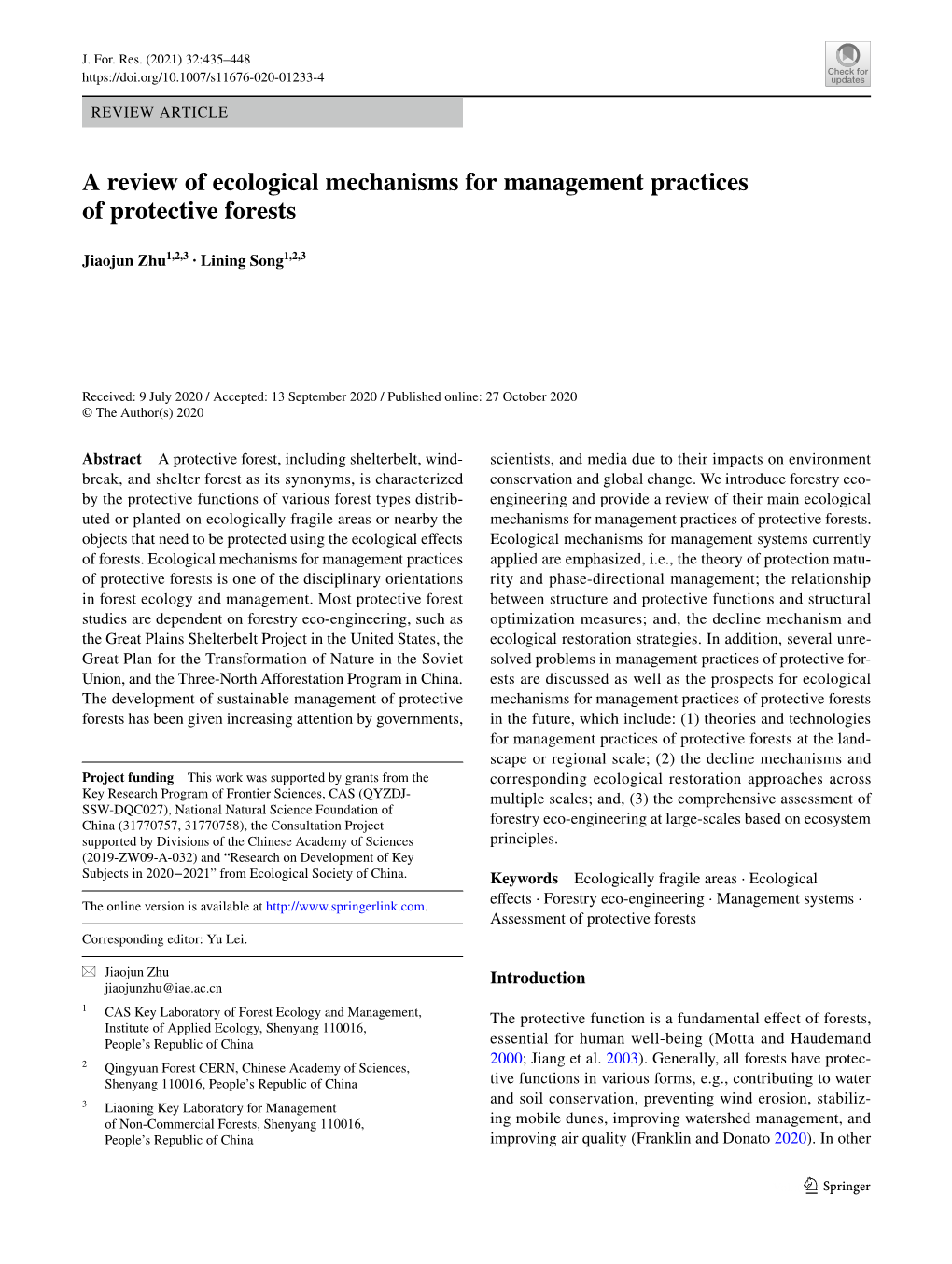 A Review of Ecological Mechanisms for Management Practices of Protective Forests