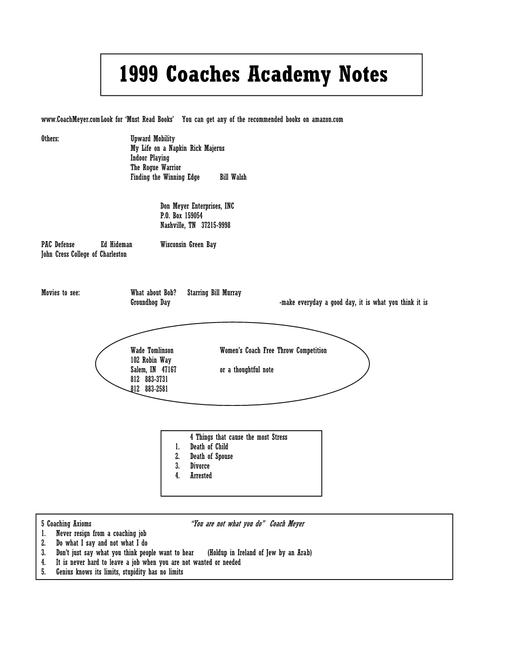 1999 Coaches Academy Notes Look for ‘Must Read Books’ You Can Get Any of the Recommended Books on Amazon.Com