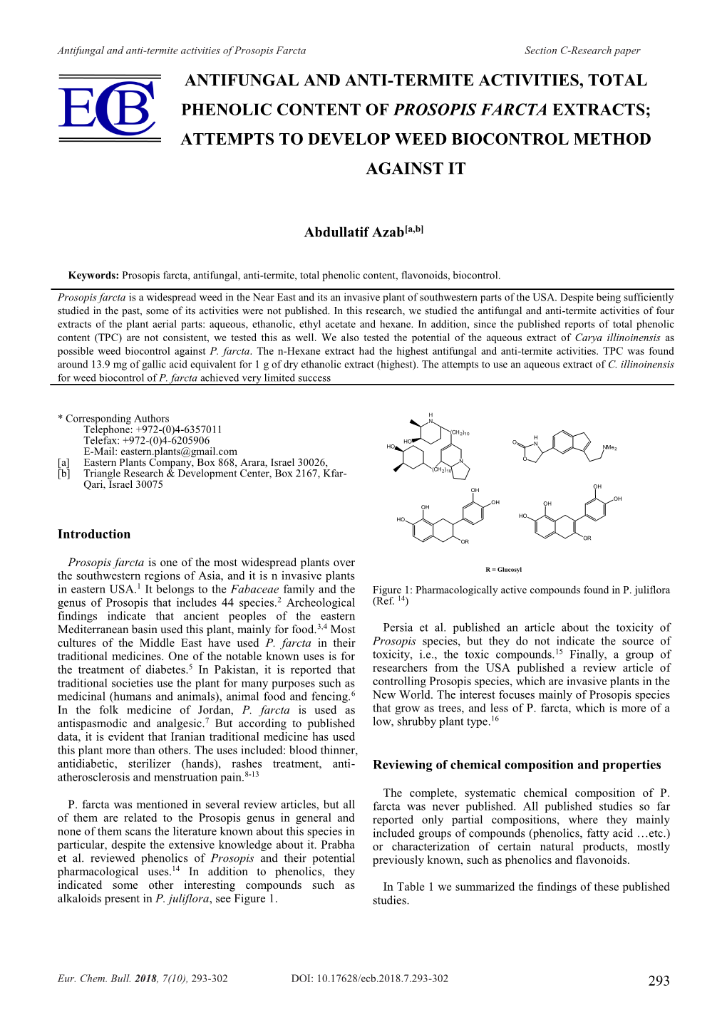 Antifungal and Anti-Termite Activities, Total Phenolic Content of Prosopis Farcta Extracts; Attempts to Develop Weed Biocontrol Method