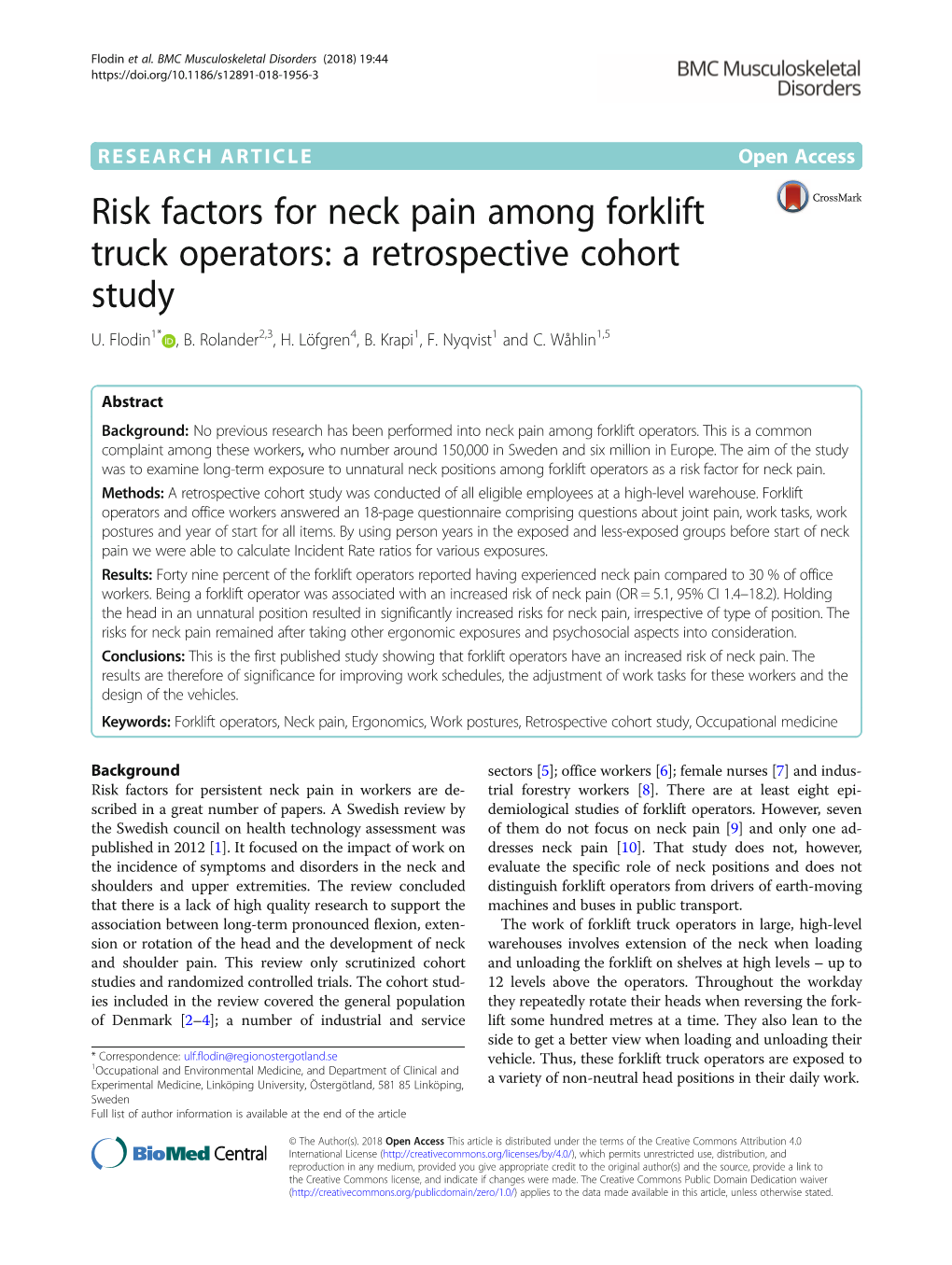Risk Factors for Neck Pain Among Forklift Truck Operators: a Retrospective Cohort Study U