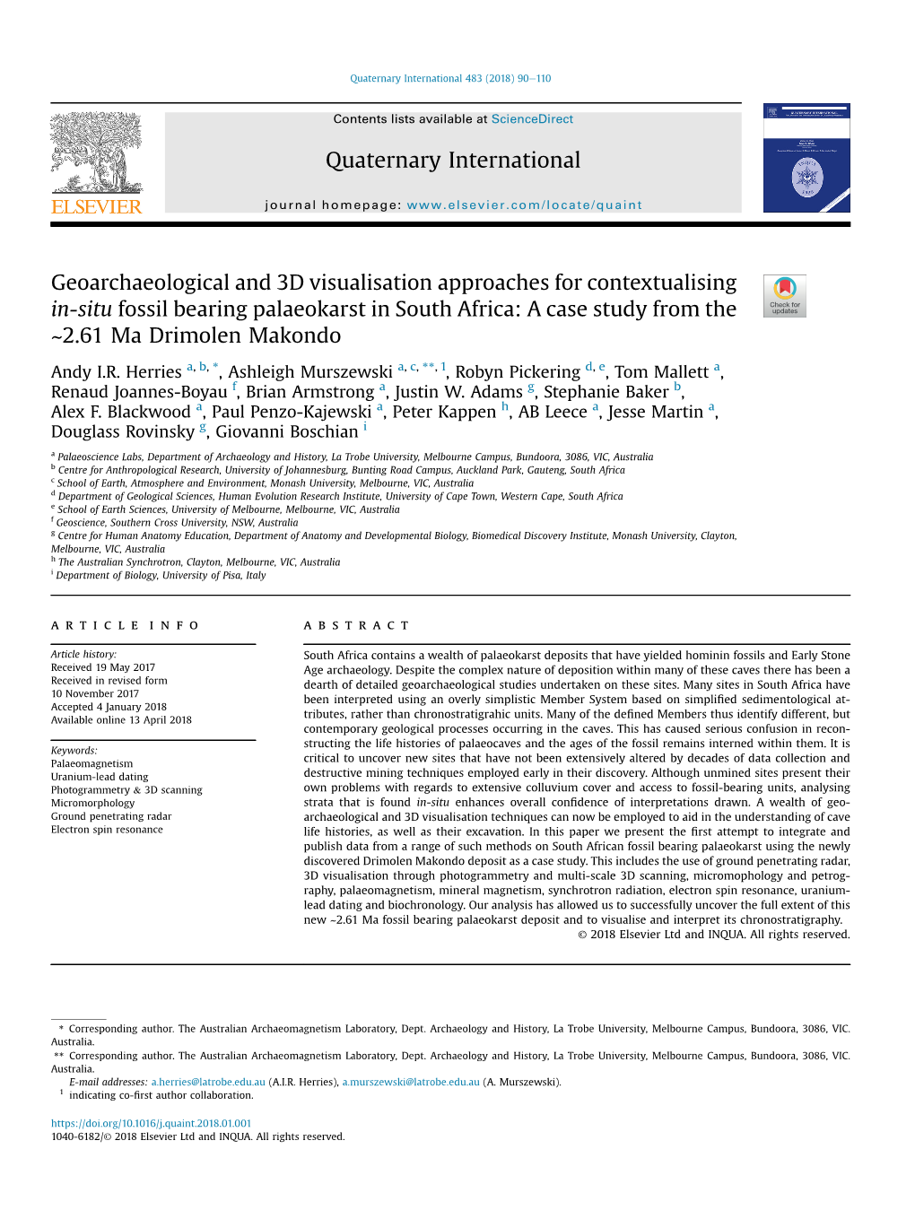 Geoarchaeological and 3D Visualisation Approaches for Contextualising In-Situ Fossil Bearing Palaeokarst in South Africa