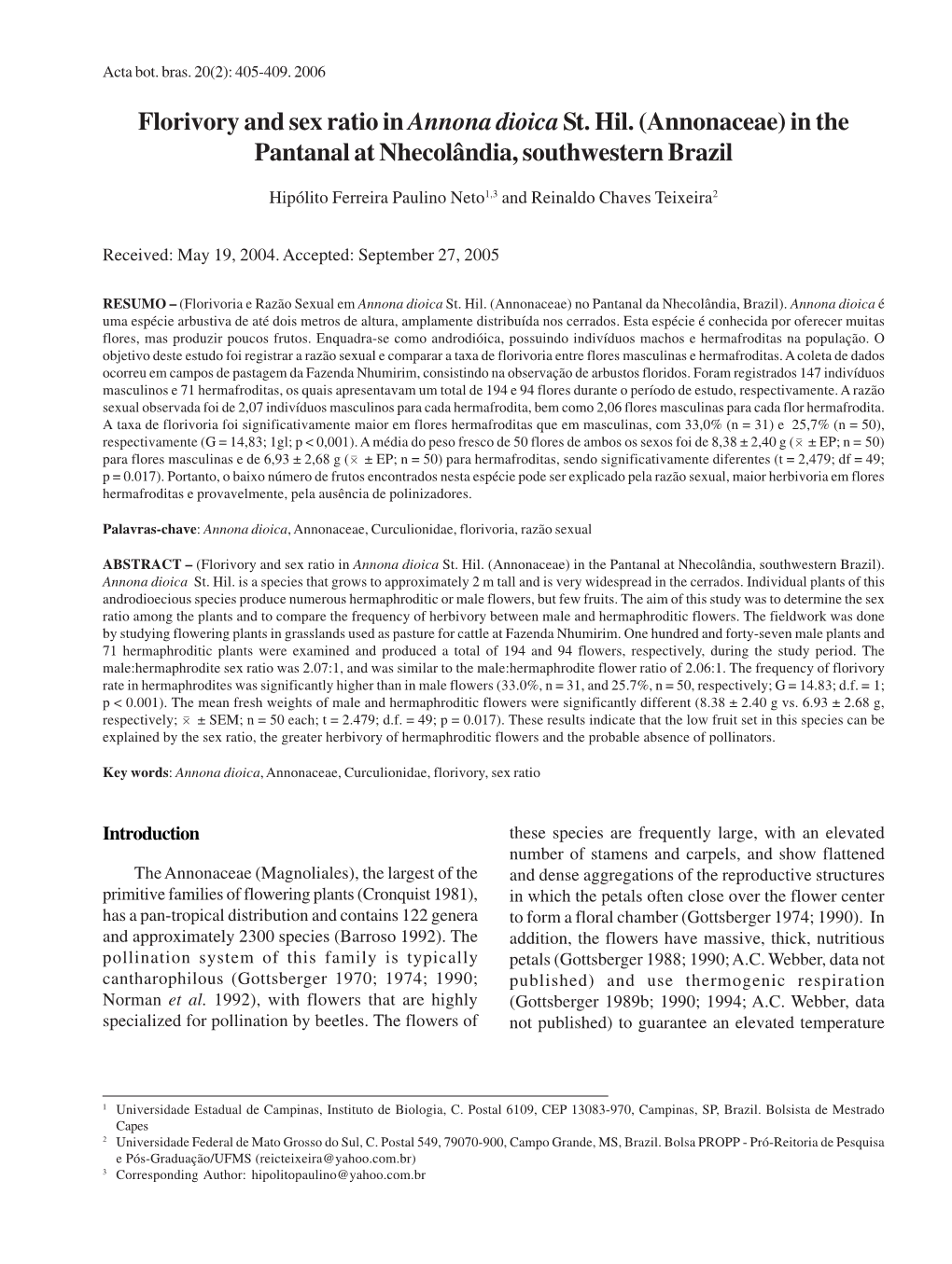 Florivory and Sex Ratio in Annona Dioica St. Hil. (Annonaceae) in the Pantanal at Nhecolândia, Southwestern Brazil