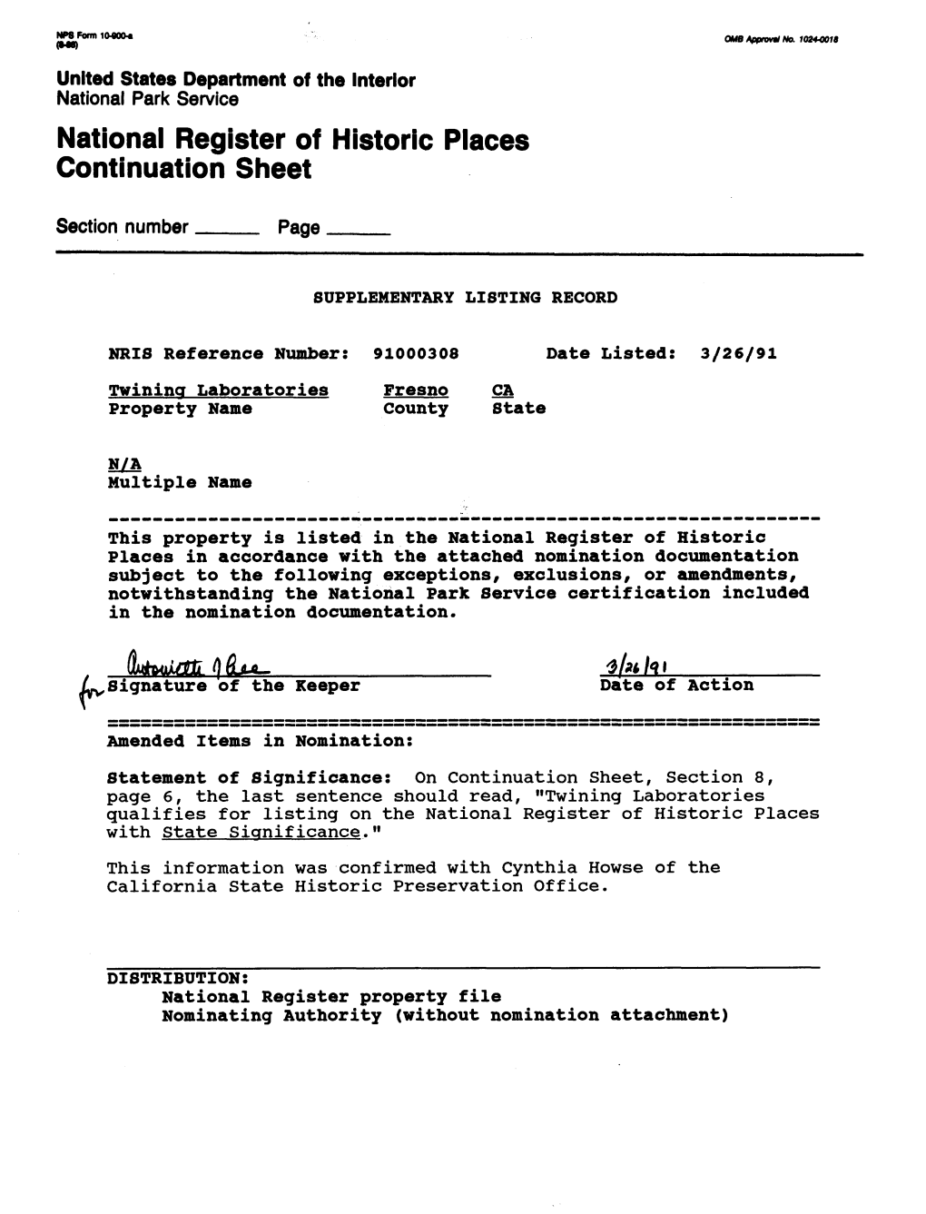 National Register of Historic Places Continuation Sheet