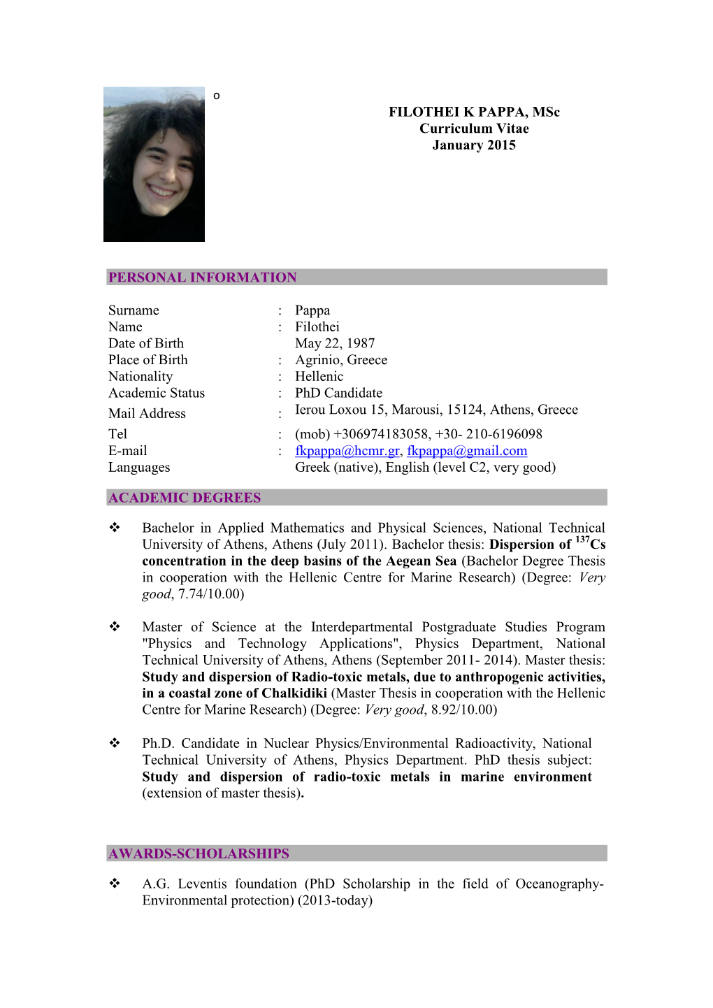 FILOTHEI K PAPPA, Msc Curriculum Vitae January 2015
