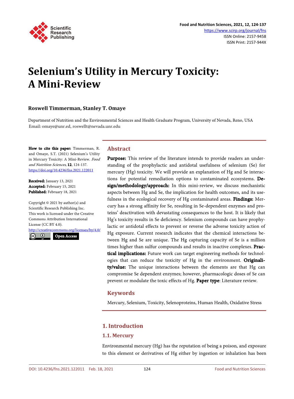 Selenium's Utility in Mercury Toxicity: a Mini-Review