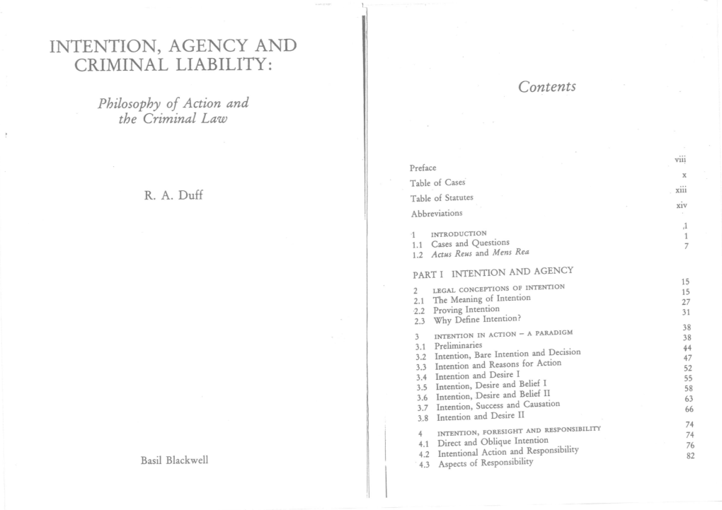 INTENTION, AGENCY and CRIMINAL LIABILITY: Contents Philosophy of Action and the Criminal Law