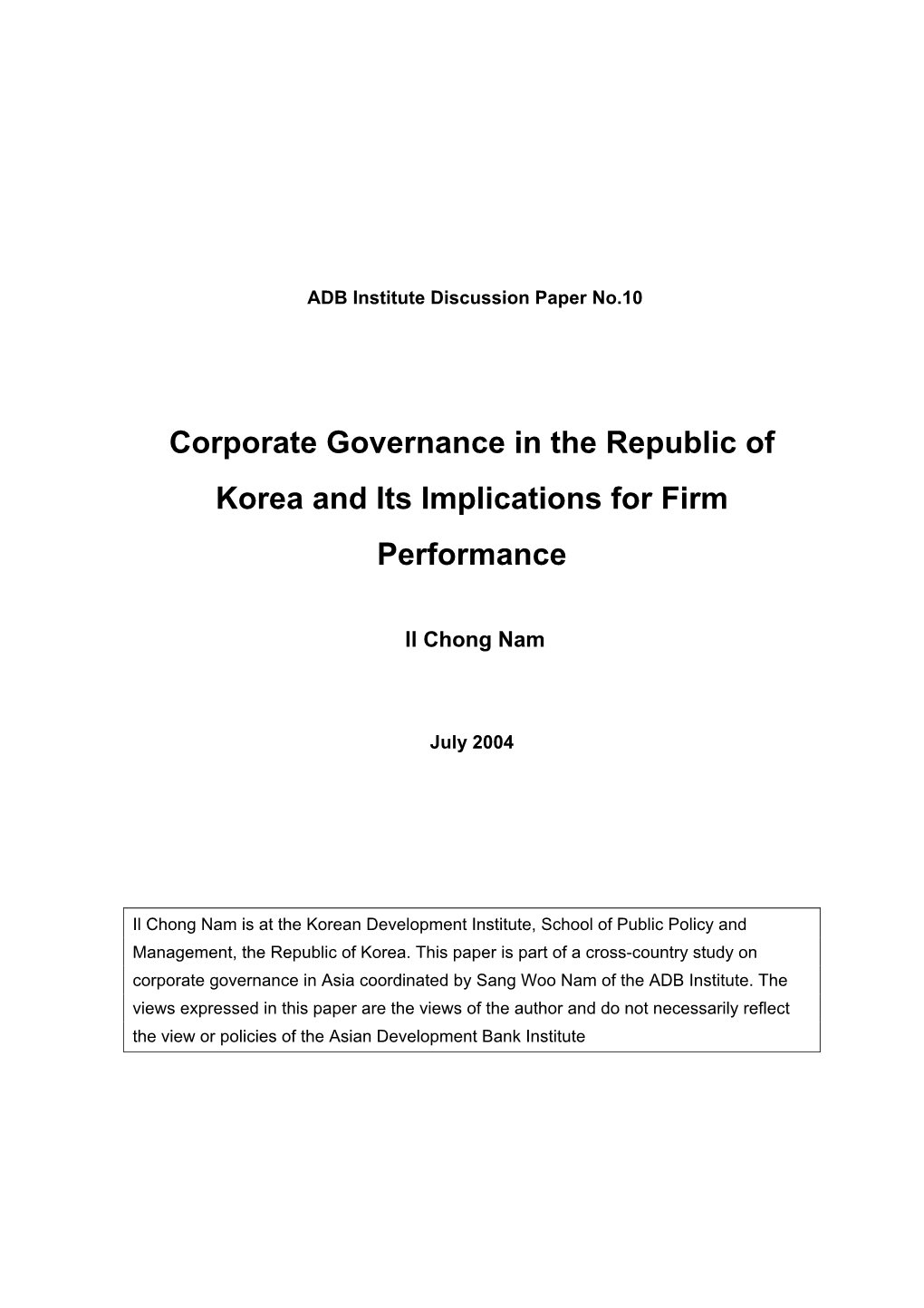 Corporate Governance in the Republic of Korea and Its Implications for Firm Performance