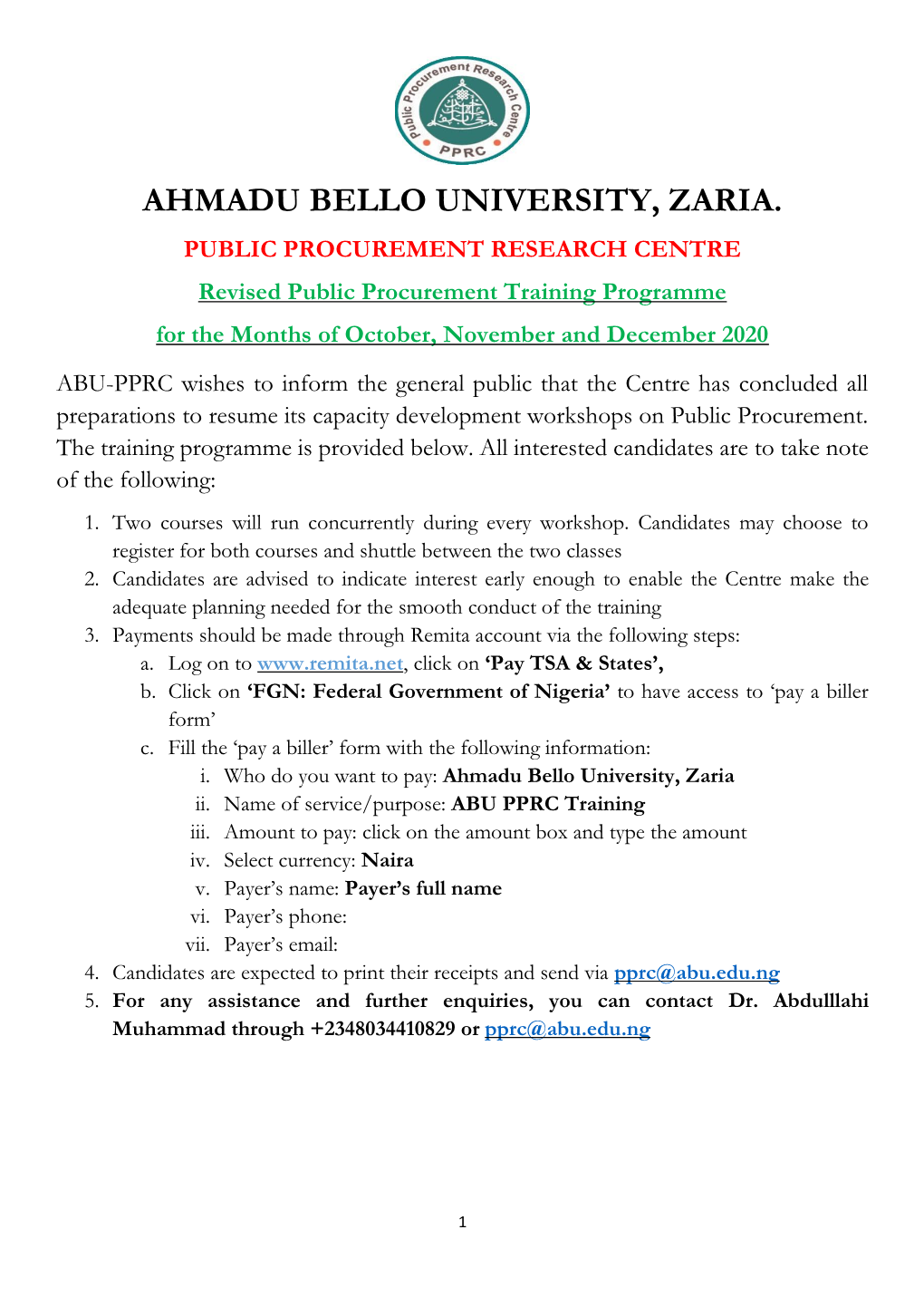 Ahmadu Bello University, Zaria. Public Procurement Research Centre