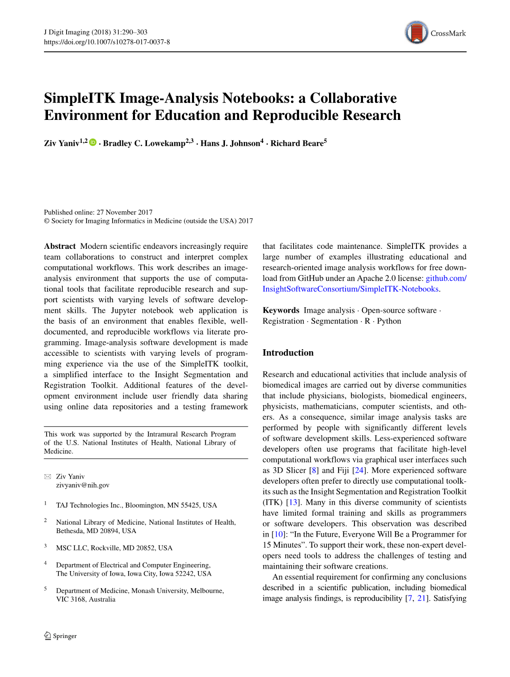 Simpleitk Image-Analysis Notebooks: a Collaborative Environment for Education and Reproducible Research