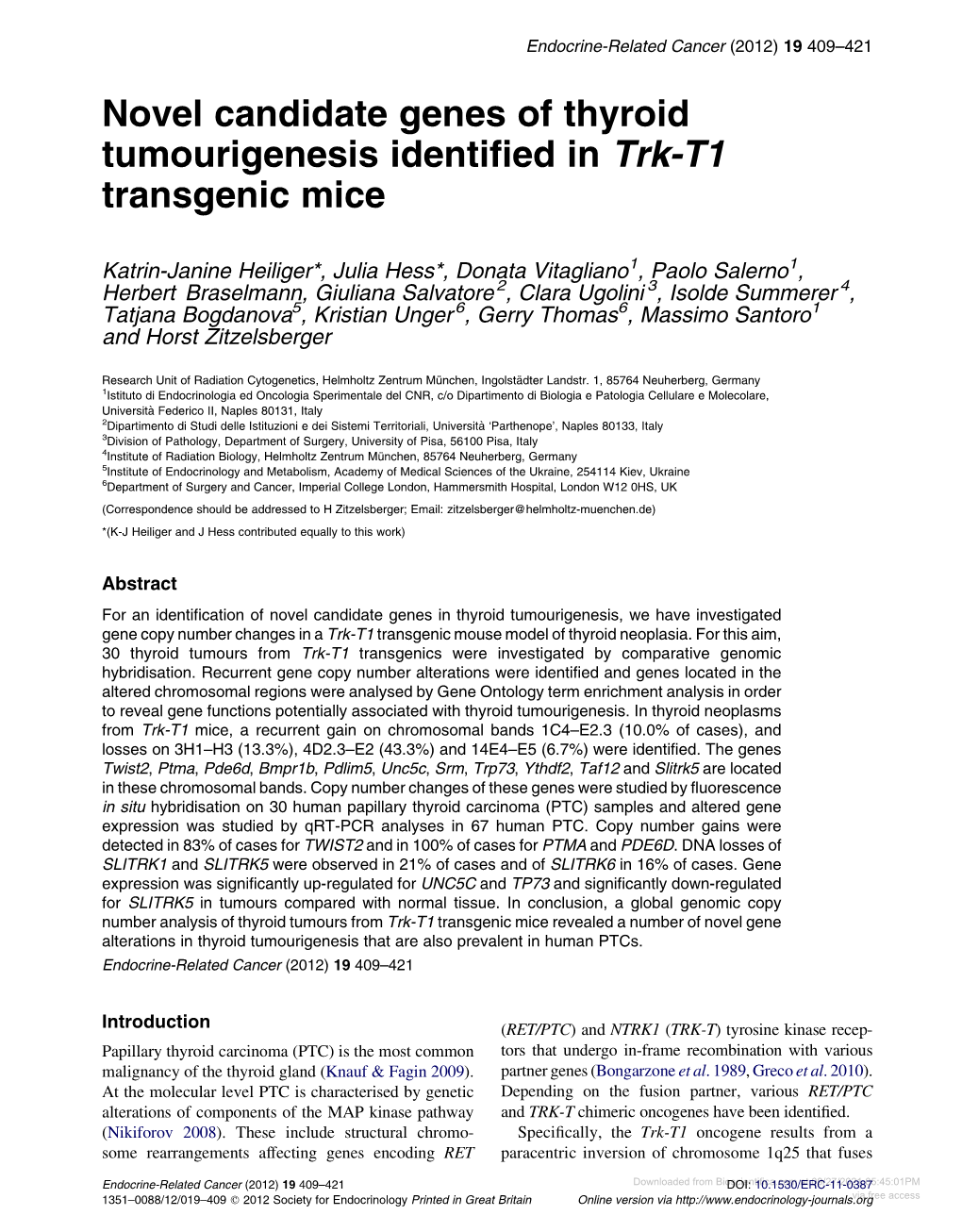 Novel Candidate Genes of Thyroid Tumourigenesis Identified in Trk-T1