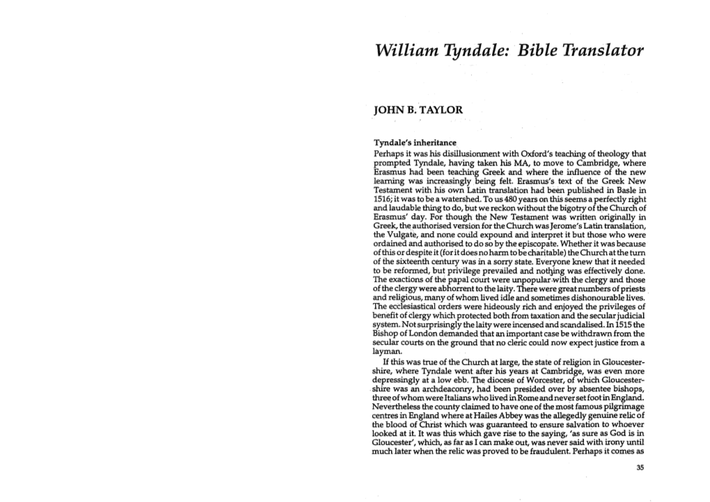 John B. Taylor, “William Tyndale: Bible Translator,”