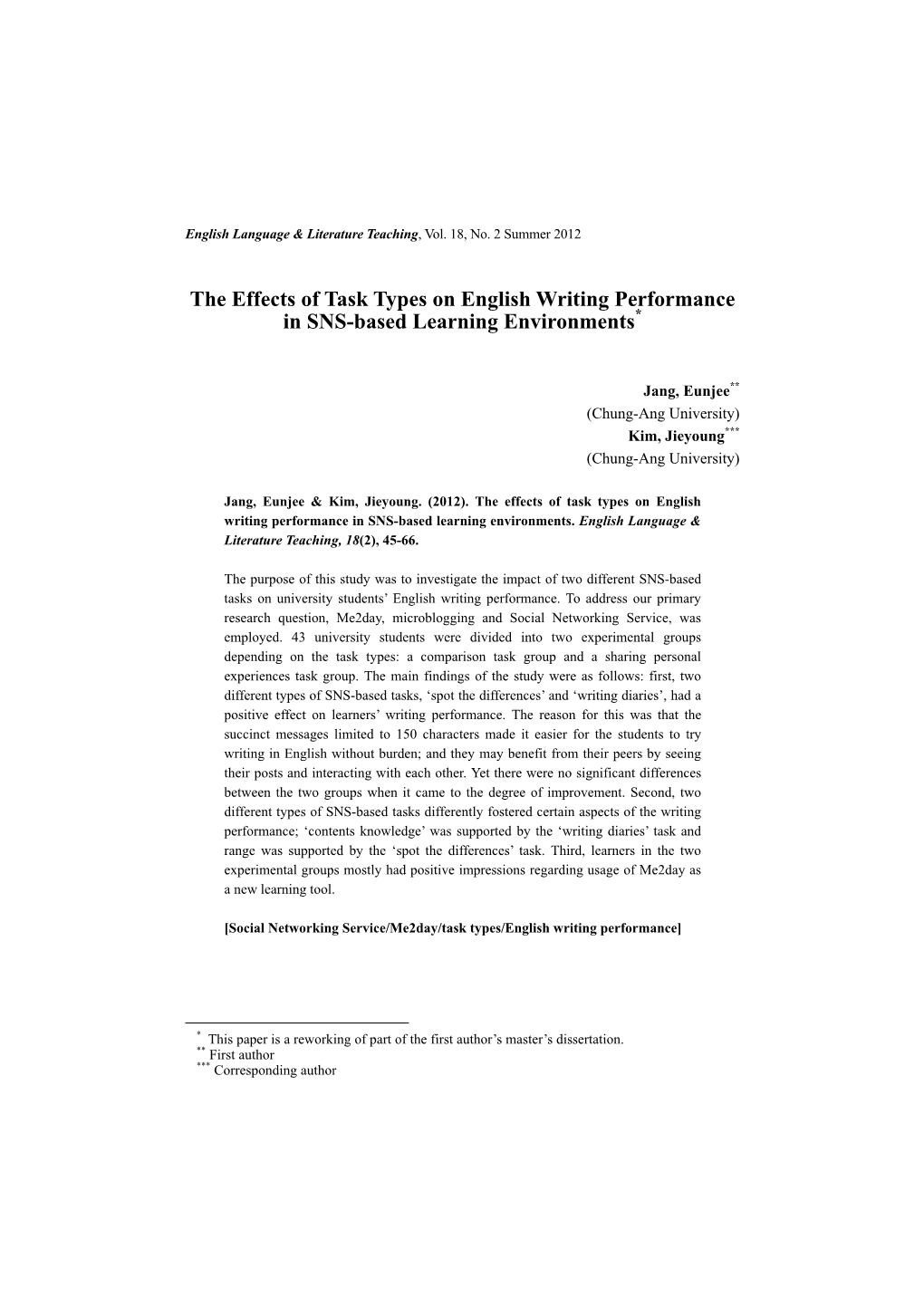 The Effects of Task Types on English Writing Performance in SNS-Based Learning Environments*