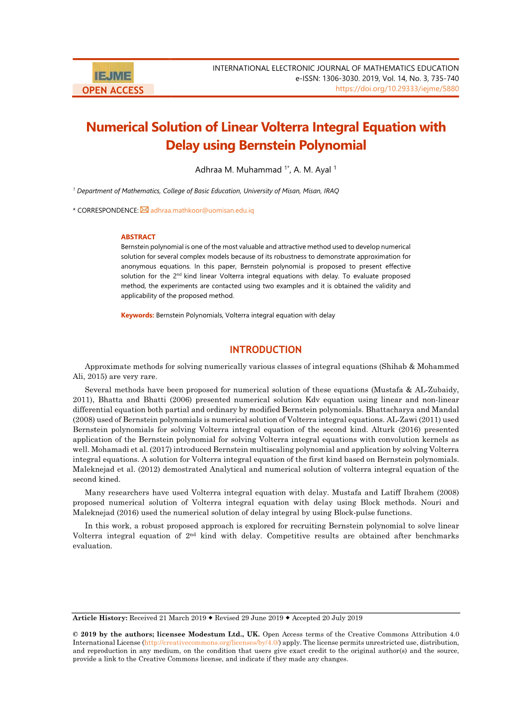 Numerical Solution of Linear Volterra Integral Equation with Delay Using Bernstein Polynomial