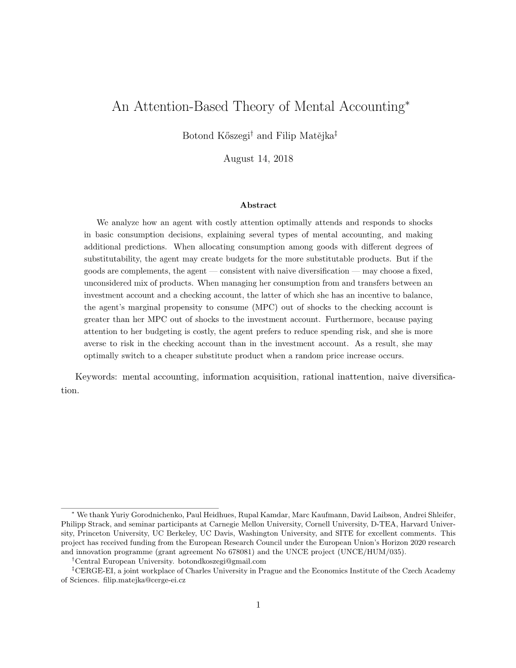 An Attention-Based Theory of Mental Accounting∗
