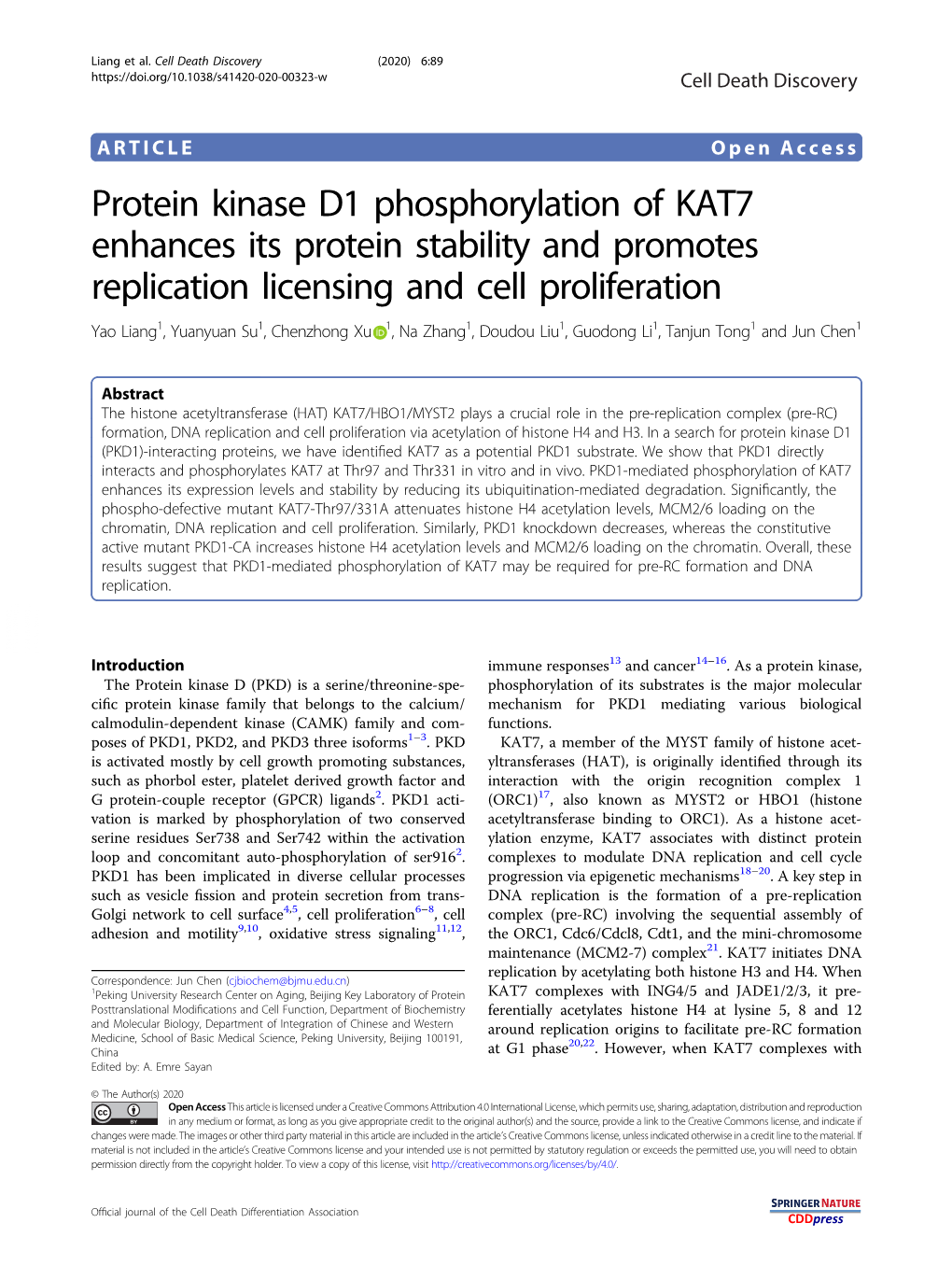 Protein Kinase D1 Phosphorylation of KAT7 Enhances Its Protein Stability and Promotes Replication Licensing and Cell Proliferati