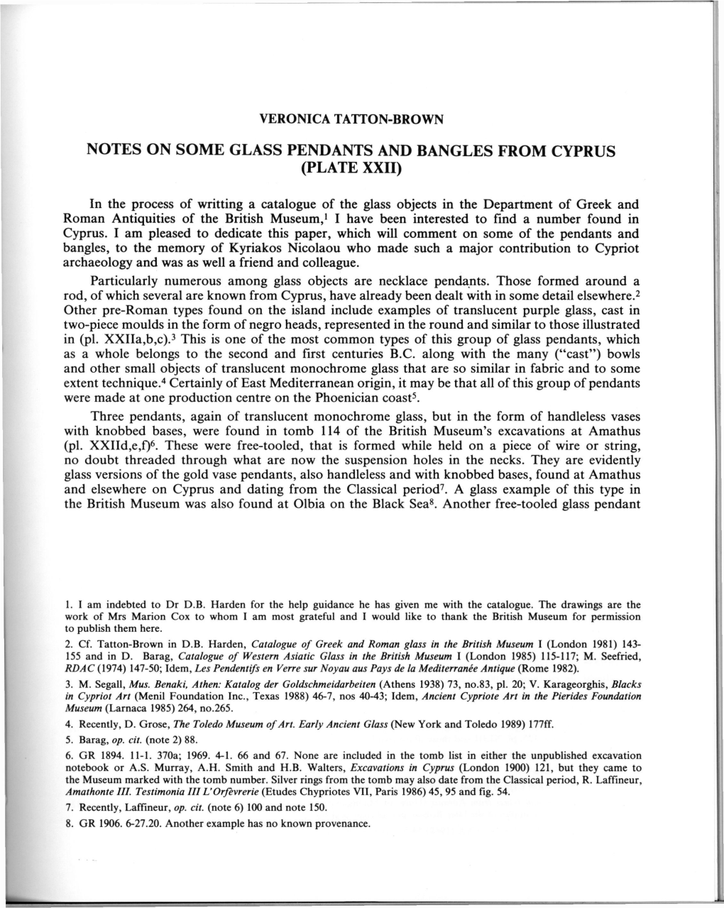 Notes on Some Glass Pendants and Bangles from Cyprus (Plate Xxii)