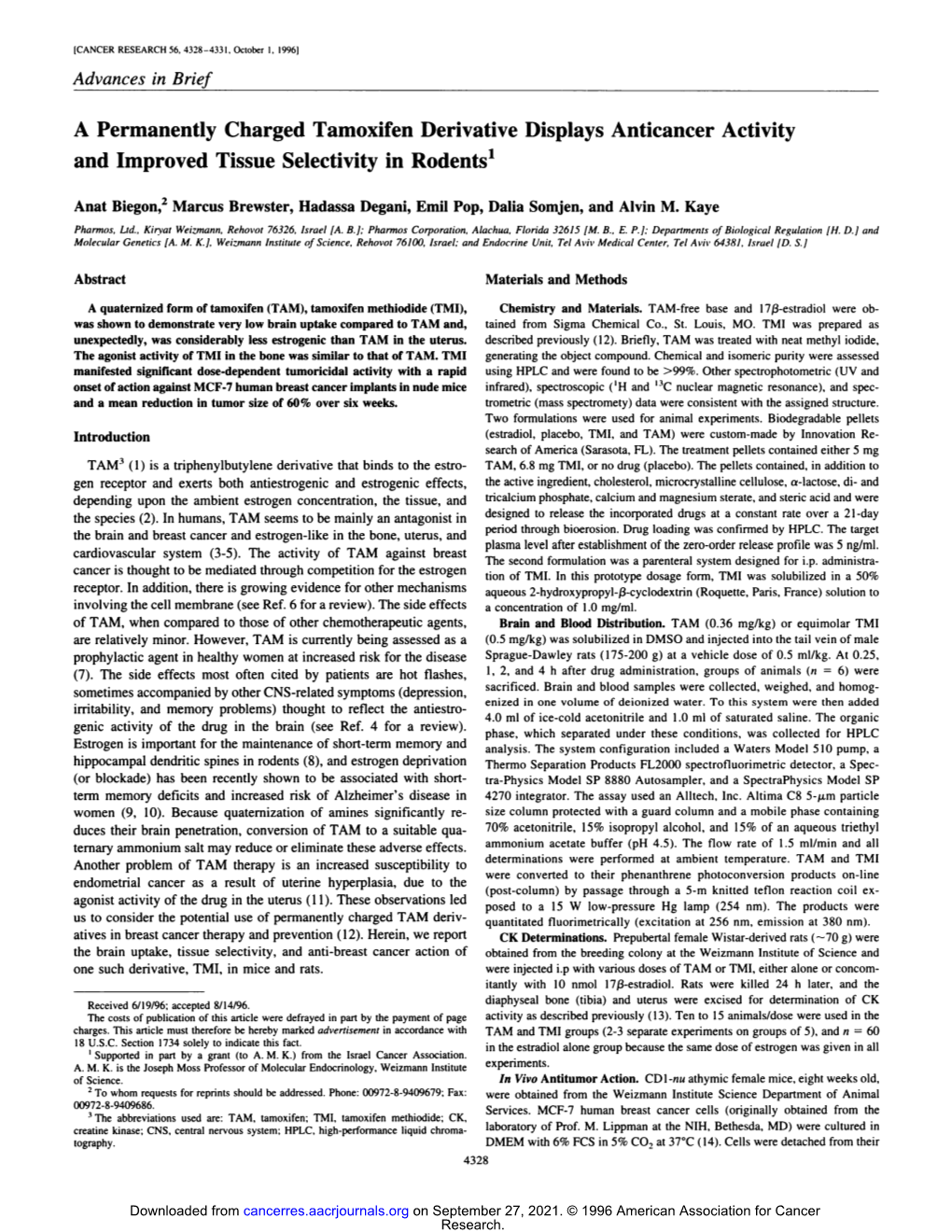 A Permanently Charged Tamoxifen Derivative Displays Anticancer Activity and Improved Tissue Selectivity in Rodents1