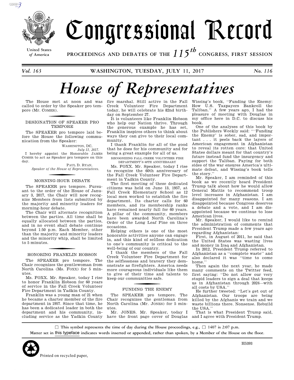 Congressional Record United States Th of America PROCEEDINGS and DEBATES of the 115 CONGRESS, FIRST SESSION