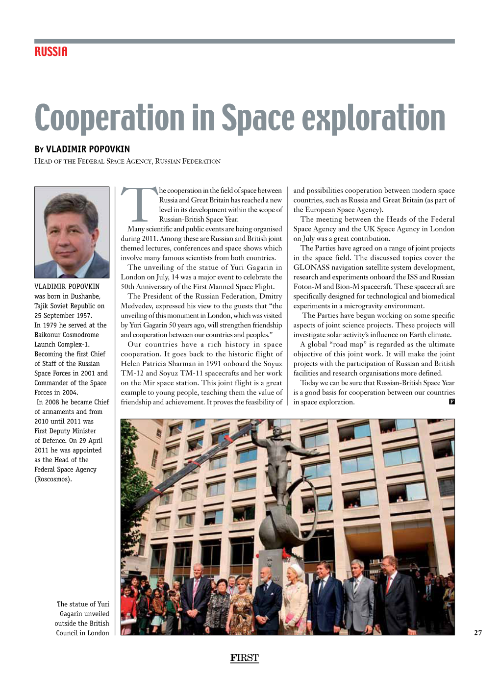 Cooperation in Space Exploration by Vladimir Popovkin Head of the Federal Space Agency, Russian Federation