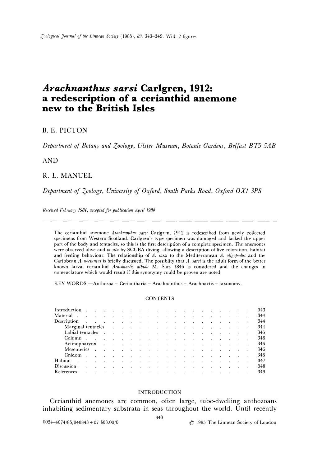 Arachnanthus Sarsi Carlgren, 1912: a Redescription of a Cerianthid Anemone New to the British Isles