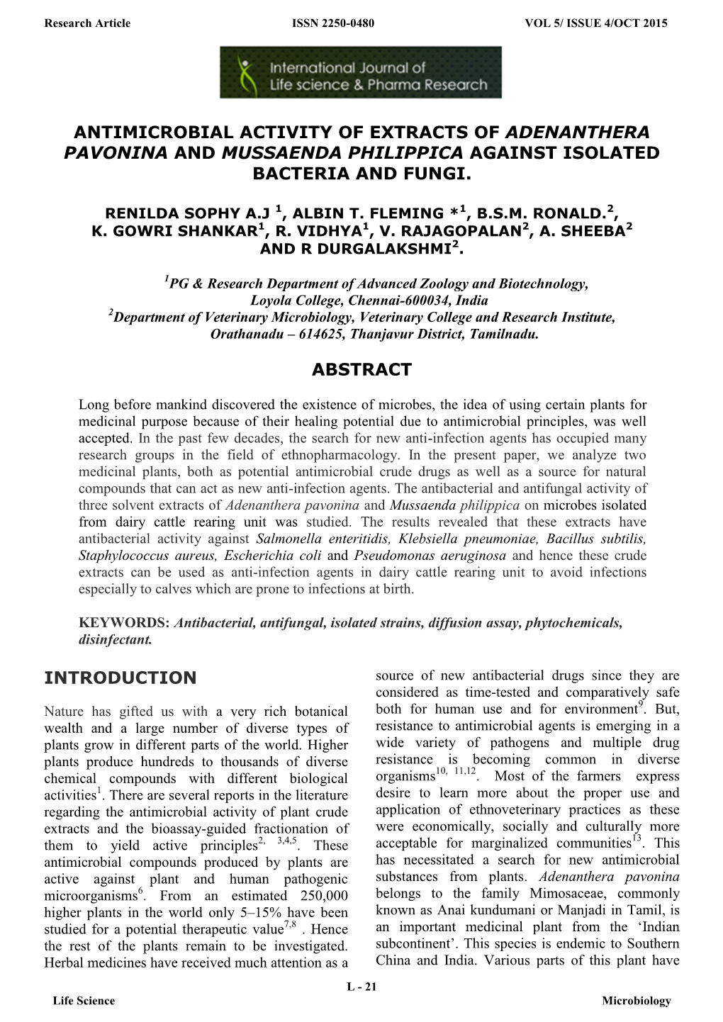 Antimicrobial Activity of Extracts of Adenanthera Pavonina and Mussaenda Philippica Against Isolated Bacteria and Fungi