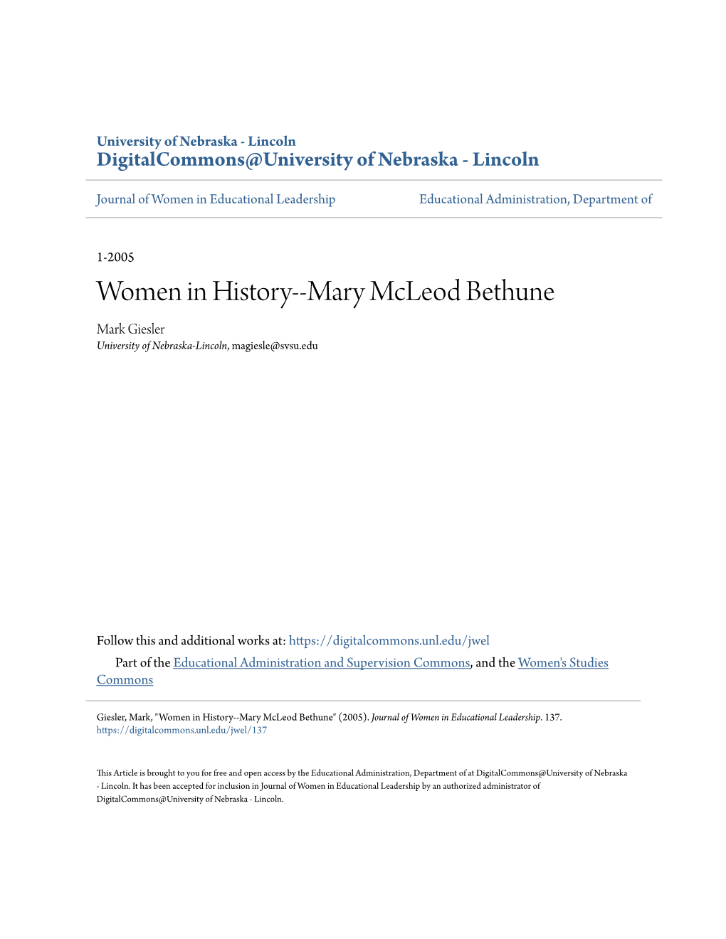 Women in History--Mary Mcleod Bethune Mark Giesler University of Nebraska-Lincoln, Magiesle@Svsu.Edu