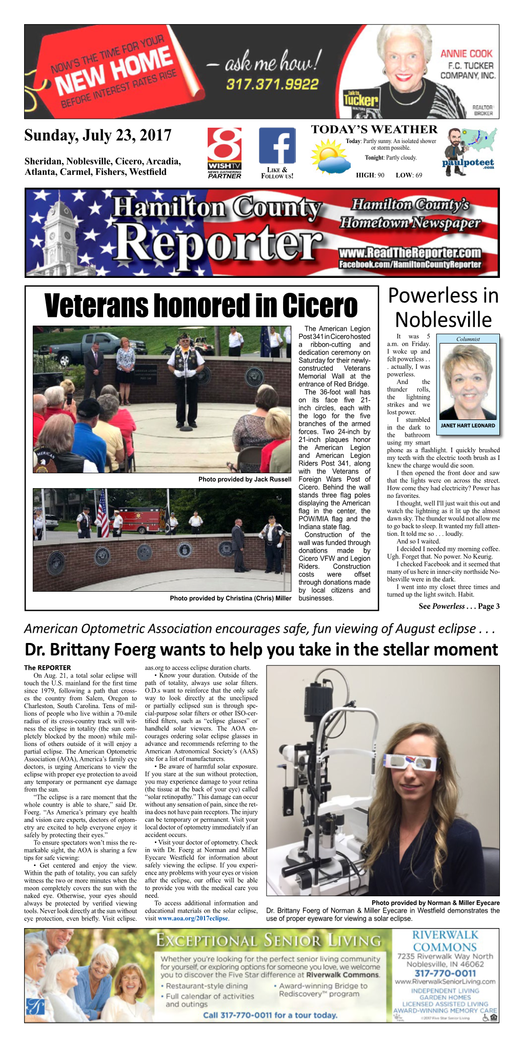 Veterans Honored in Cicero Powerless in the American Legion Noblesville Post 341 in Cicero Hosted It Was 5 Columnist a Ribbon-Cutting and A.M