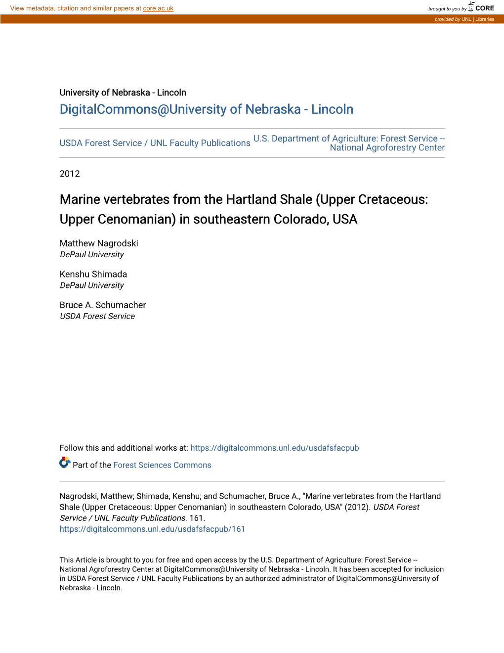 Marine Vertebrates from the Hartland Shale (Upper Cretaceous: Upper Cenomanian) in Southeastern Colorado, USA