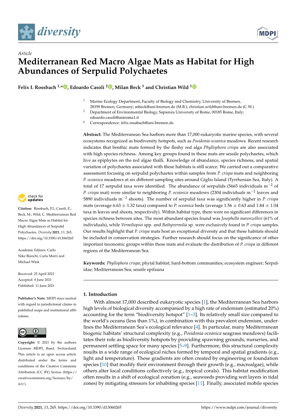 Mediterranean Red Macro Algae Mats As Habitat for High Abundances of Serpulid Polychaetes