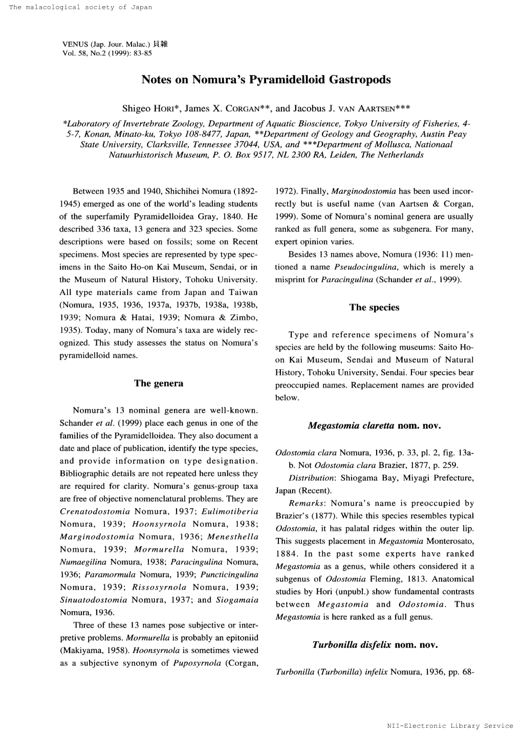 Noteson Nomura's Pyramidelloid Gastropods Ofihvertebrate Ofmollusca