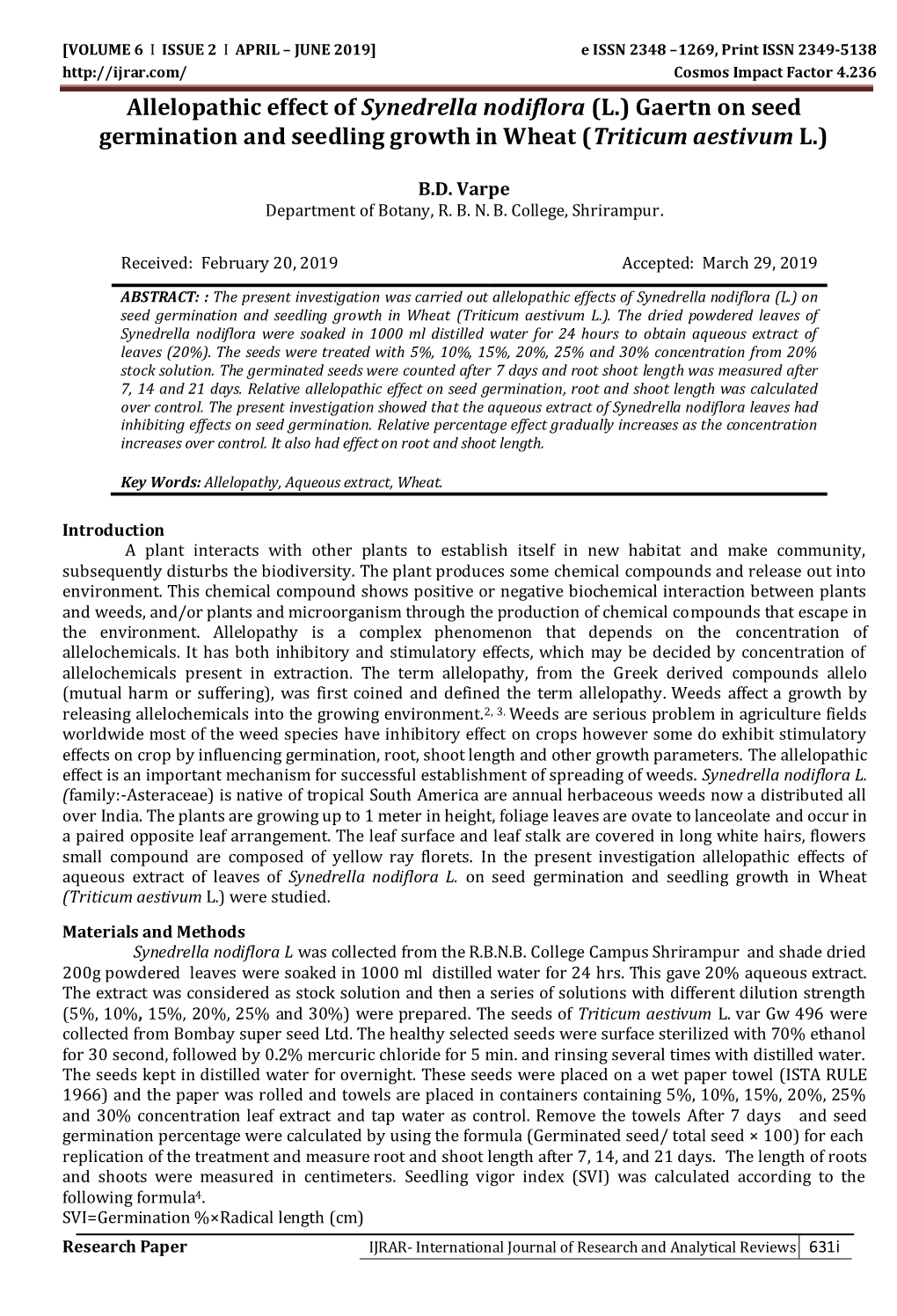 Allelopathic Effect of Synedrella Nodiflora (L.) Gaertn on Seed Germination and Seedling Growth in Wheat (Triticum Aestivum L.)