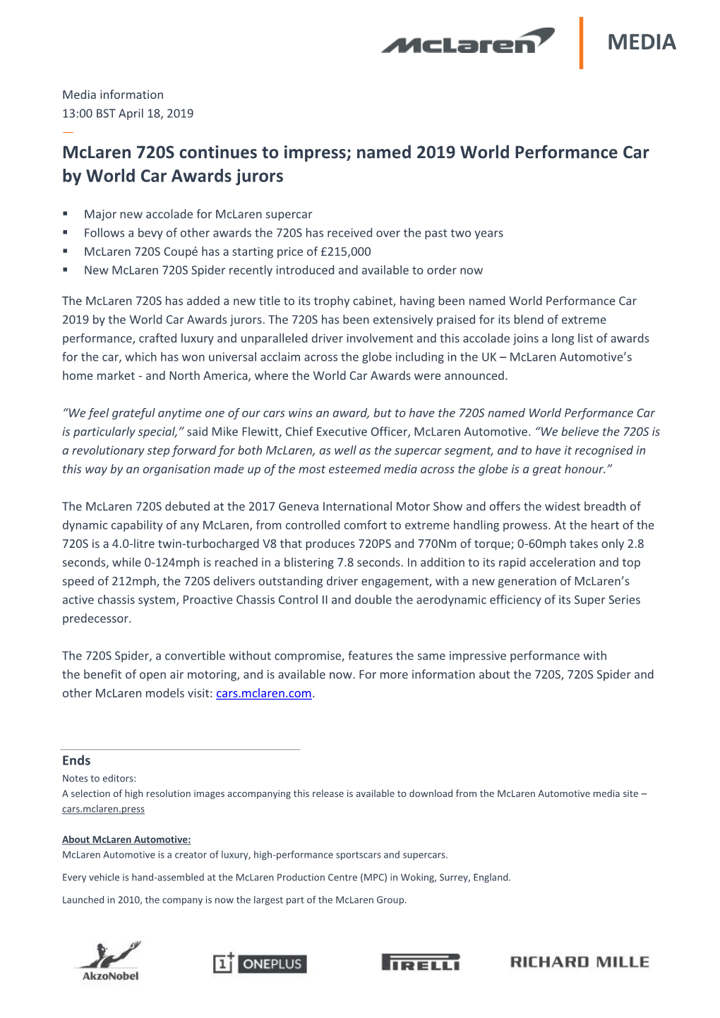 Mclaren 720S Continues to Impress; Named 2019 World Performance Car by World Car Awards Jurors