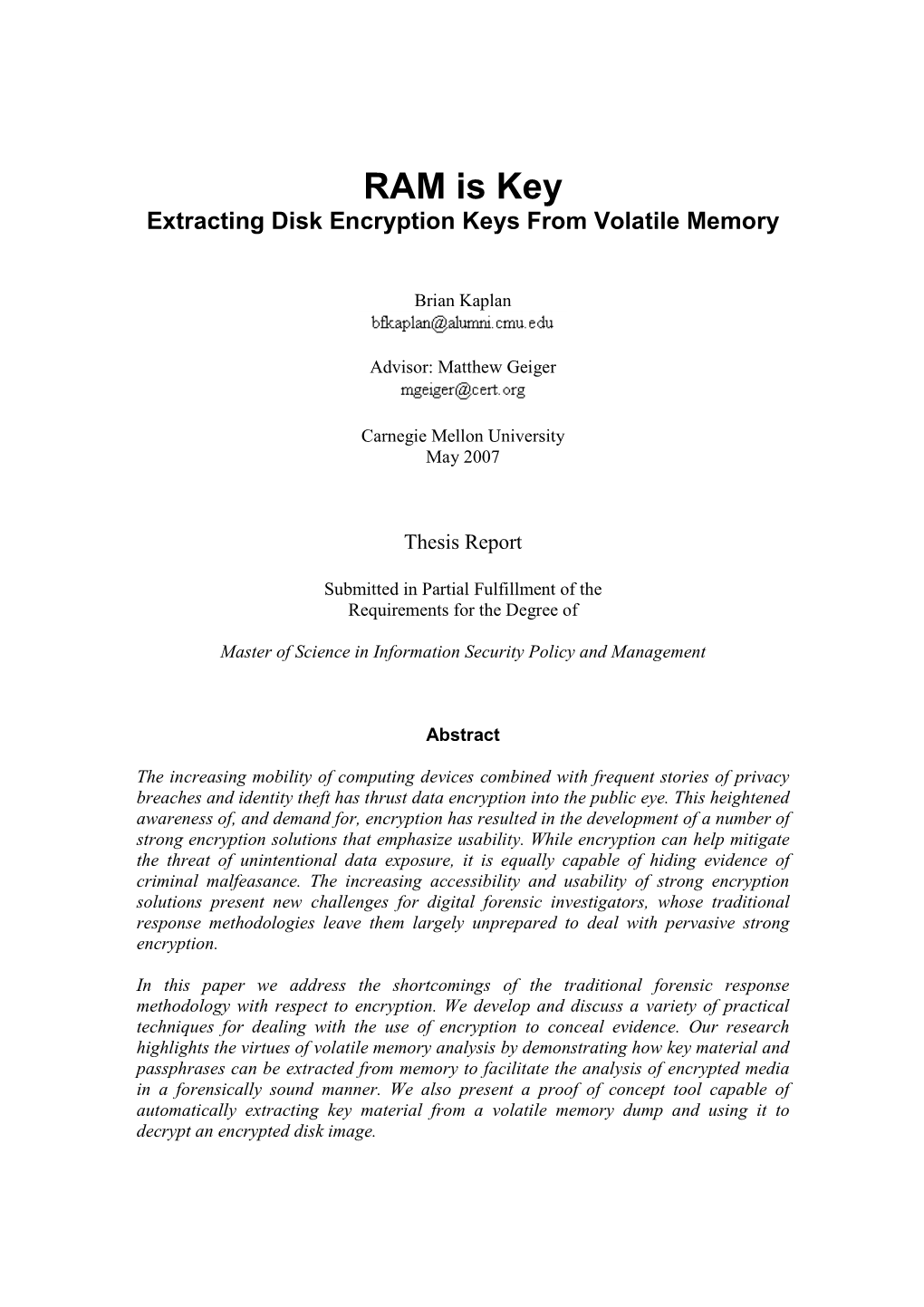 Extracting Disk Encryption Keys from Volatile Memory